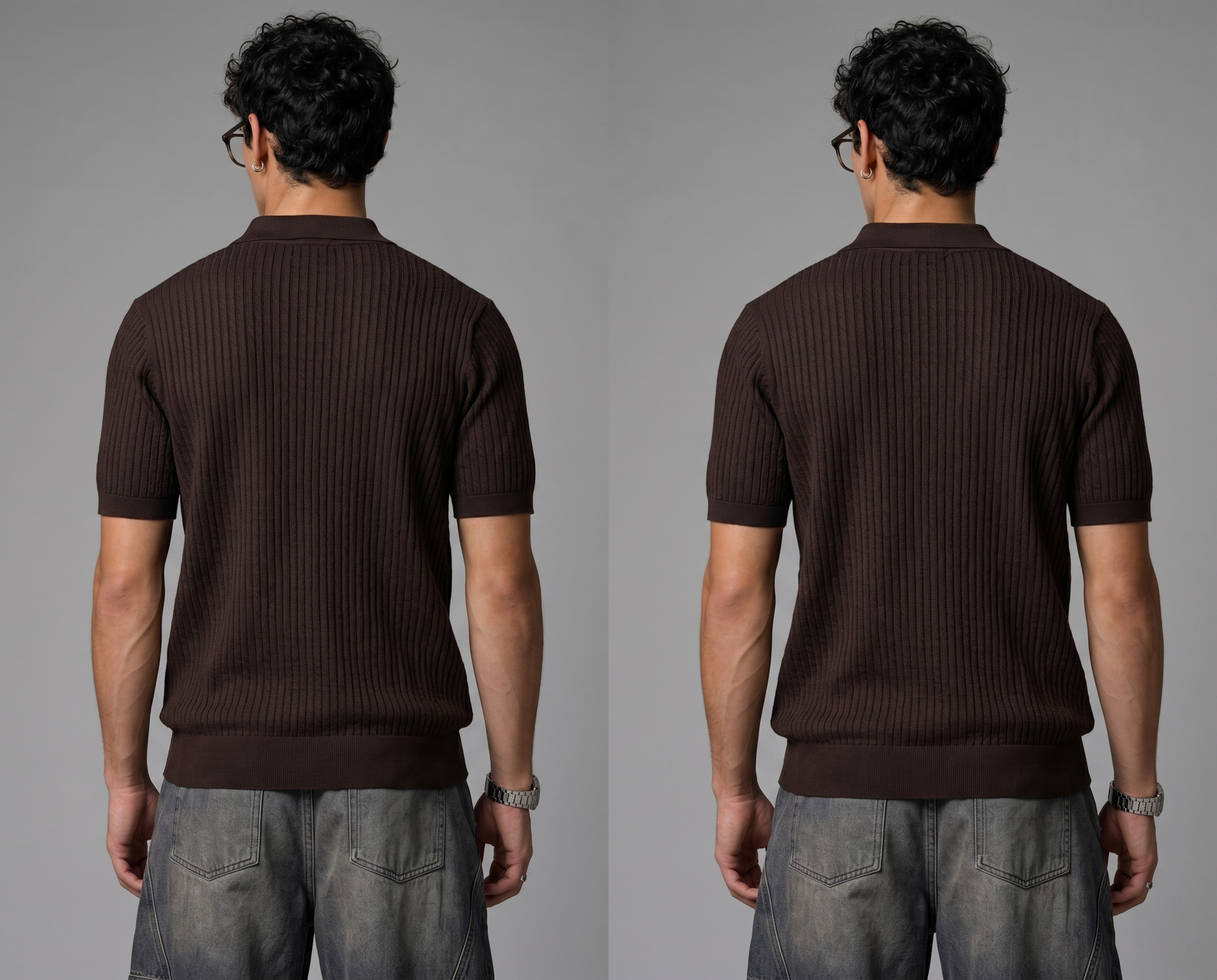 Brown Knit Polo Shirt - Retro Streetwear V-Neck Ribbed Top FE0714