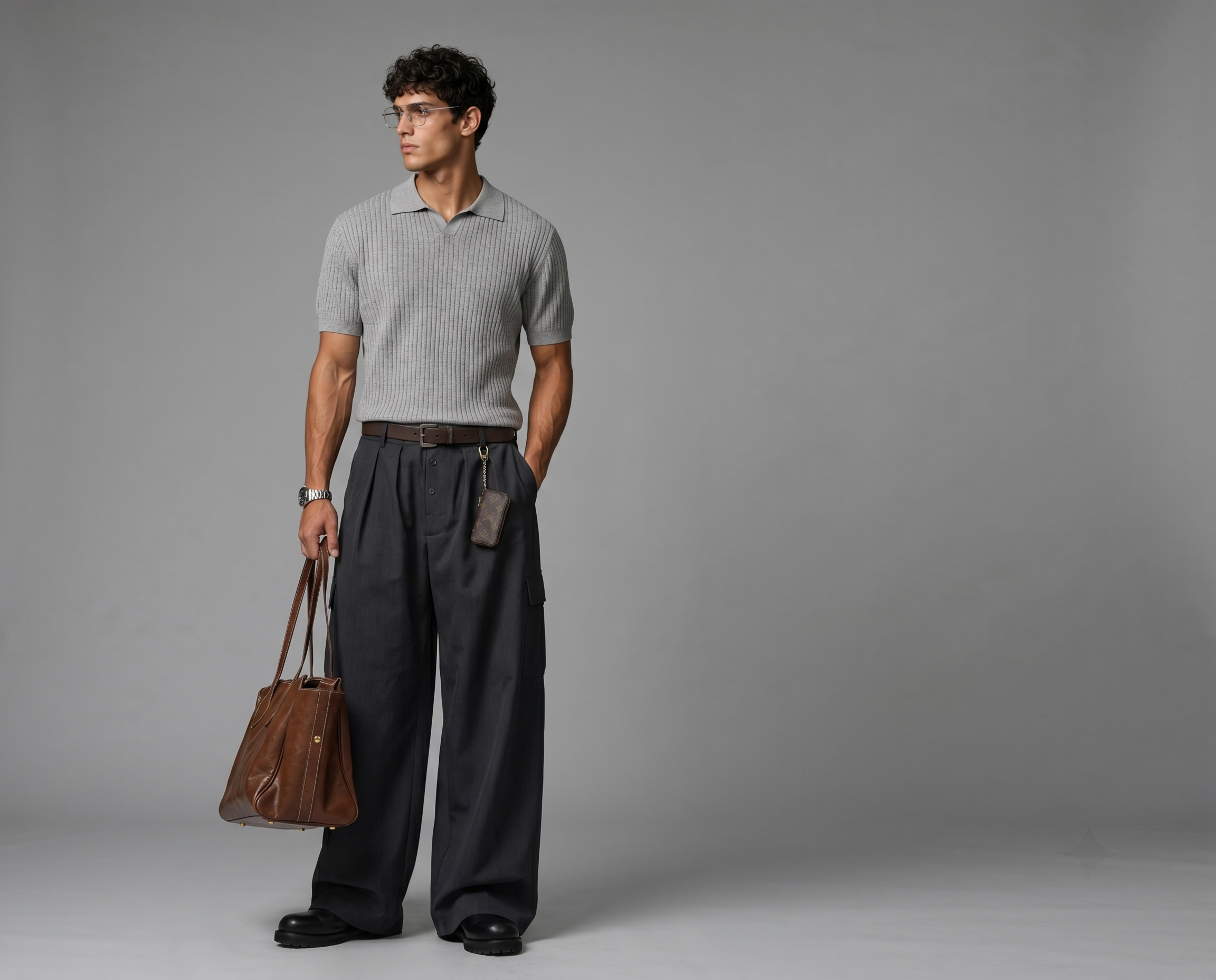 Brown Knit Polo Shirt - Retro Streetwear V-Neck Ribbed Top FE0714