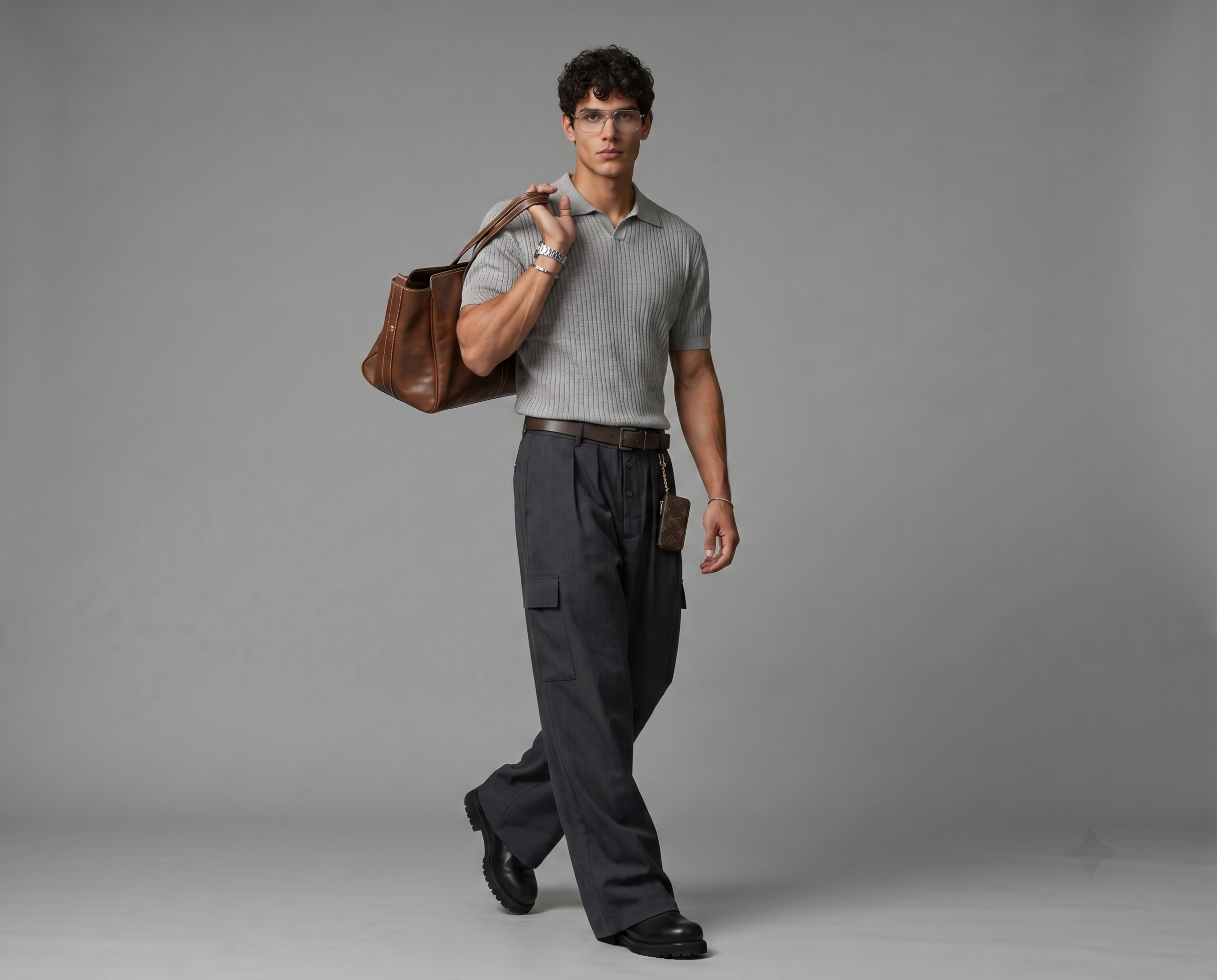 Brown Knit Polo Shirt - Retro Streetwear V-Neck Ribbed Top FE0714
