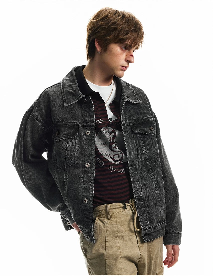 Men’s Vintage Washed Denim Jacket – American Retro Distressed Streetwear Outerwear FE0046