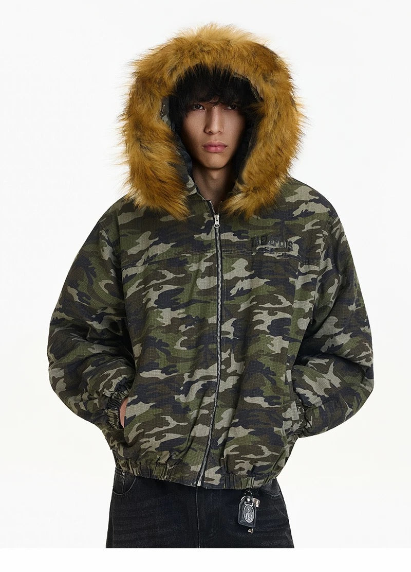 Men’s Vintage Camo Fur Hooded Puffer Jacket – American Retro Winter Street Coat FE0308