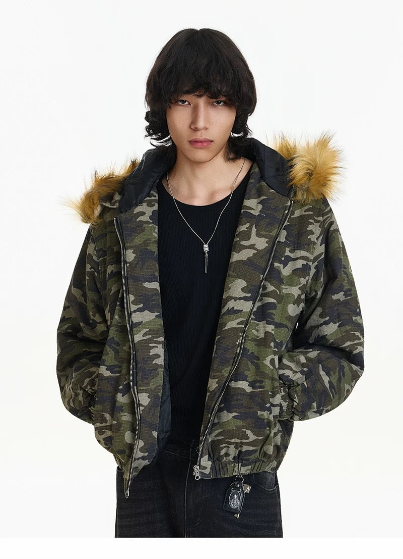 Men’s Vintage Camo Fur Hooded Puffer Jacket – American Retro Winter Street Coat FE0308