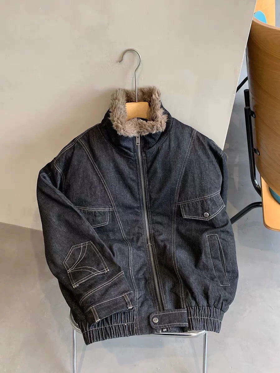 Men’s Fleece-Lined Denim Jacket – American Vintage Winter Street Outerwear FE0044