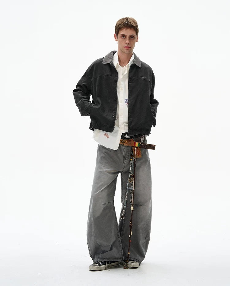Men’s Color-Block Workwear Jacket – American Retro Contrast Collar Utility Outerwear FE0005