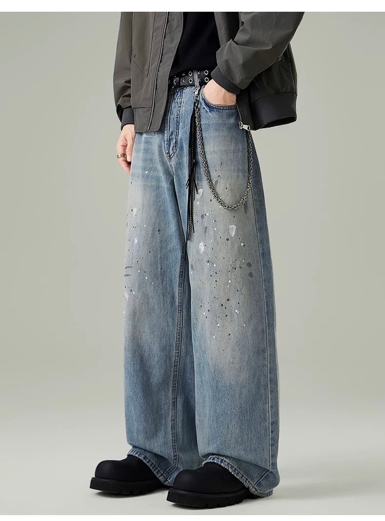 Men’s Paint-Splatter Washed Jeans – Vintage American Street Art Denim Pants FE0056