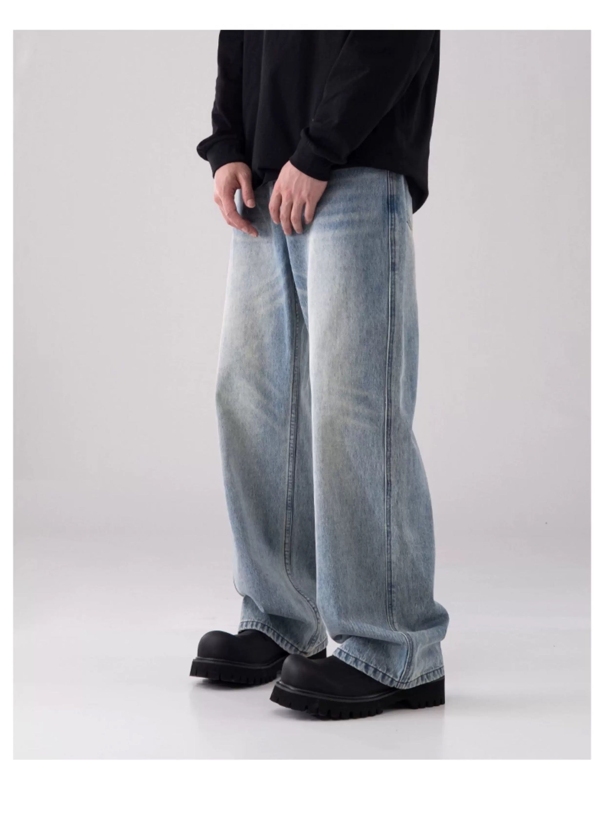 Men’s Vintage Washed Wide-Leg Jeans – American Retro Streetwear Denim FE0037