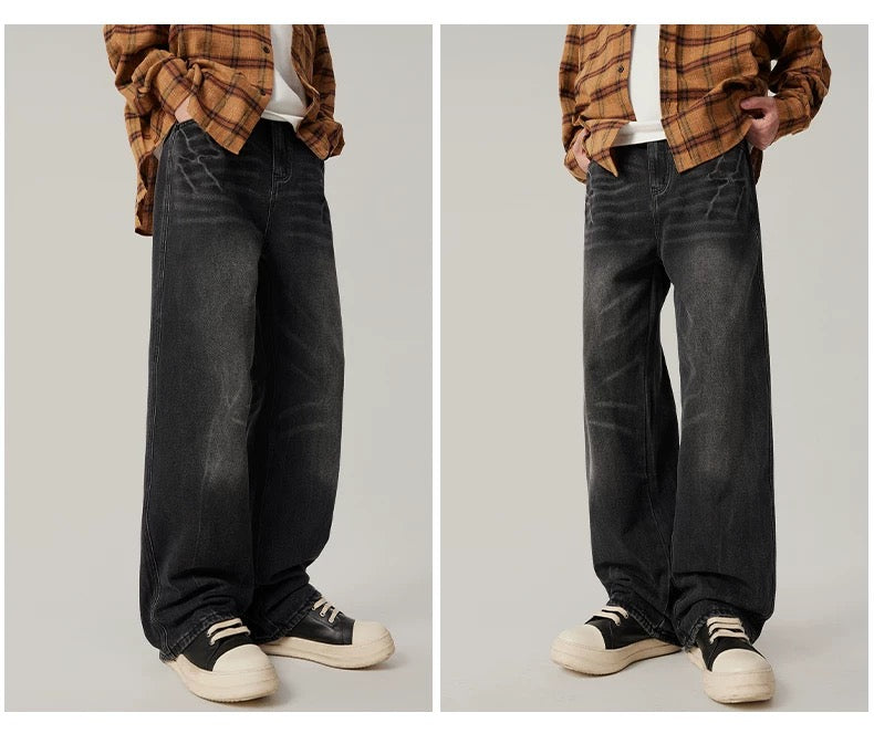 Men’s Vintage Washed Wide-Leg Jeans – American Retro Streetwear Denim FE0037