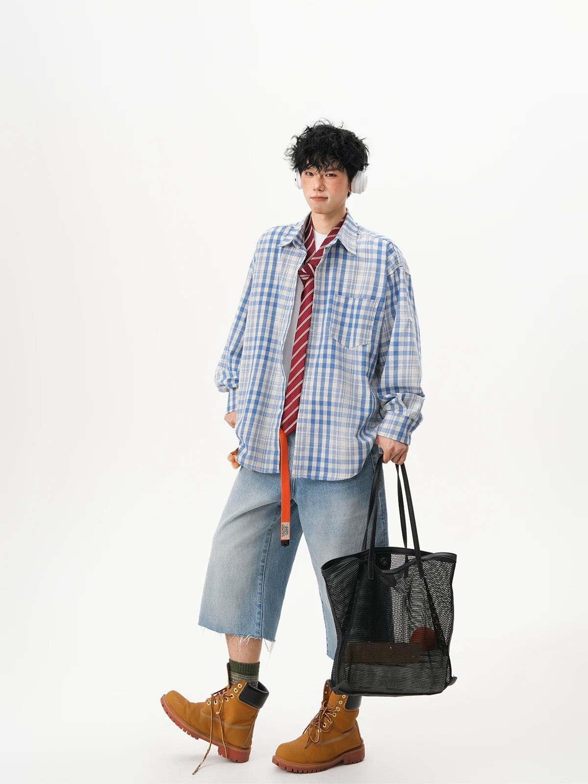 Men’s Vintage Blue Plaid Shirt – American Retro Street Casual Overshirt FE0316