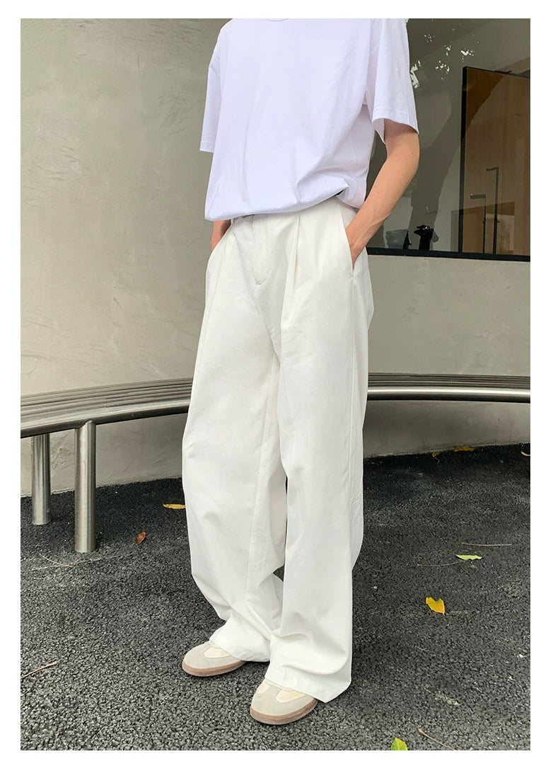 Men’s White Wide-Leg Pants – Loose Fit Minimalist Casual Trousers FE0291