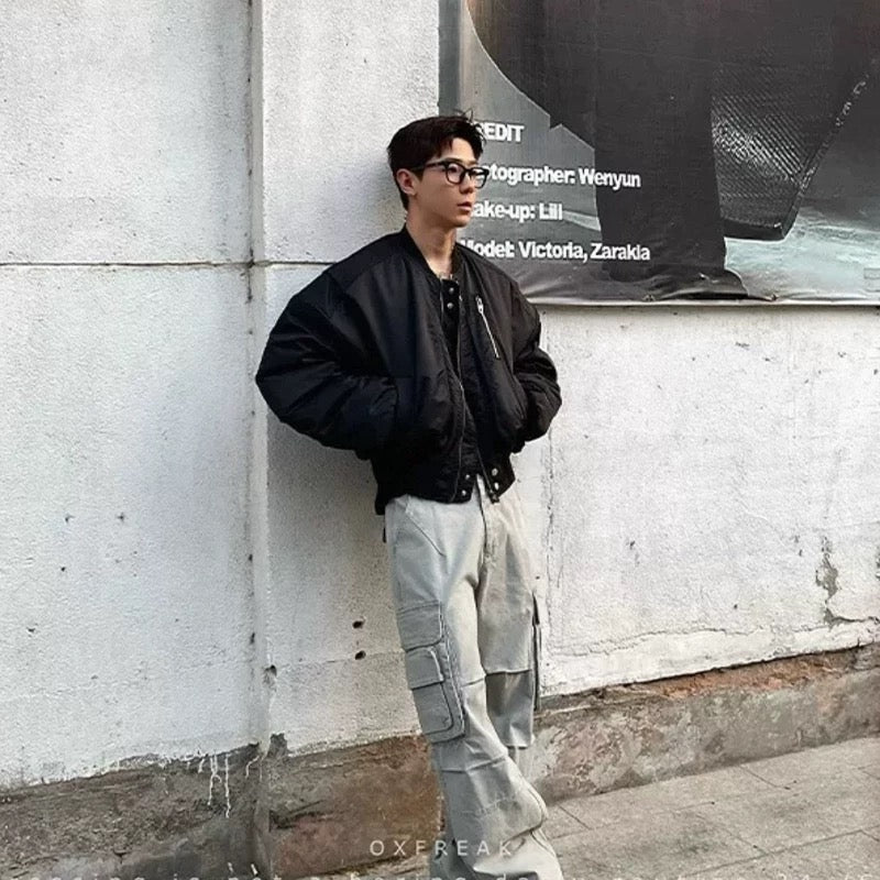 Men’s Cropped Bomber Puffer Jacket – American High Street Short Cotton Outerwear FE0025