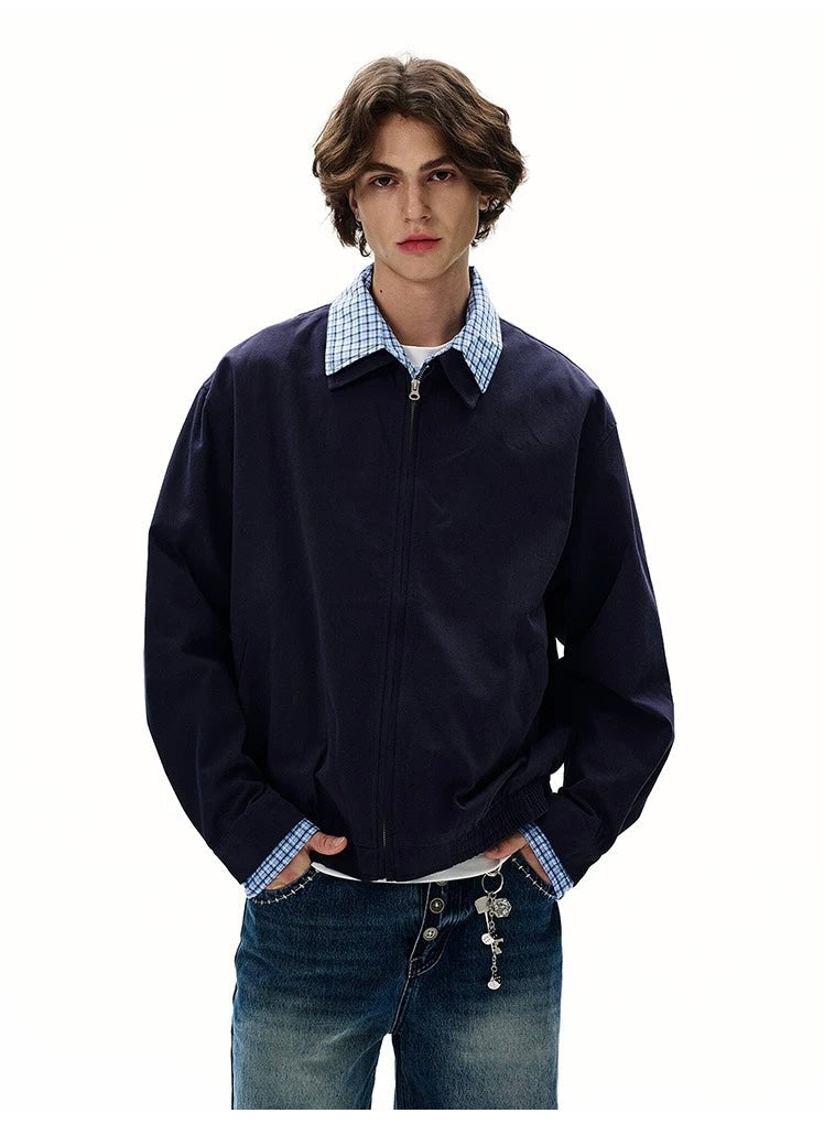 Men’s Vintage Plaid Patchwork Layered Jacket – American Retro Fake Two-Piece Streetwear Coat FE0055