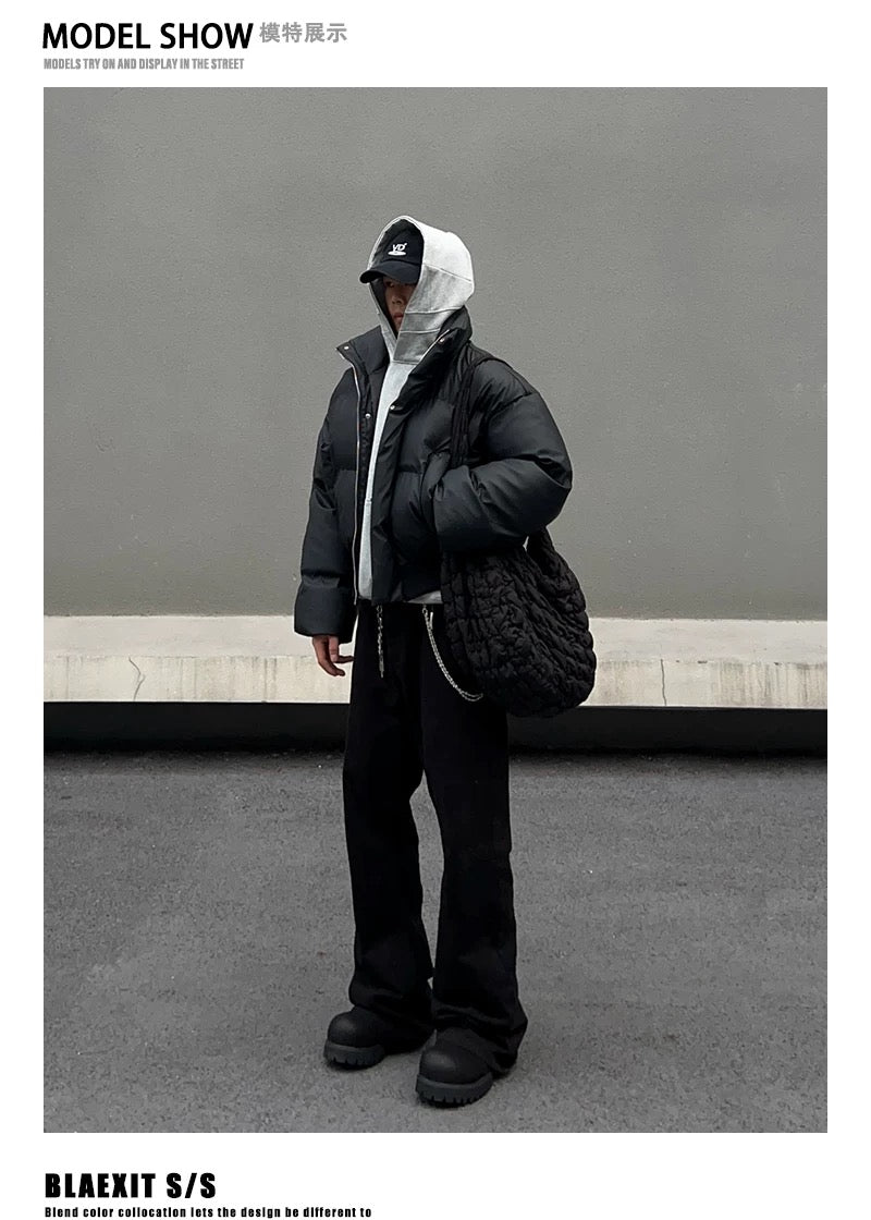 Men’s Clean Fit Short Puffer Jacket – American Minimal Street Winter Coat FE0310