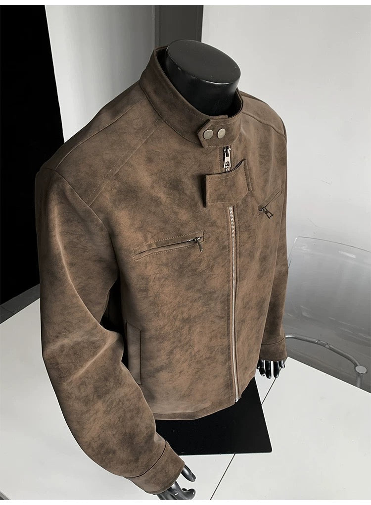 Men’s Vintage Tie-Dye PU Leather Jacket – Stand Collar Streetwear Outerwear FE0016