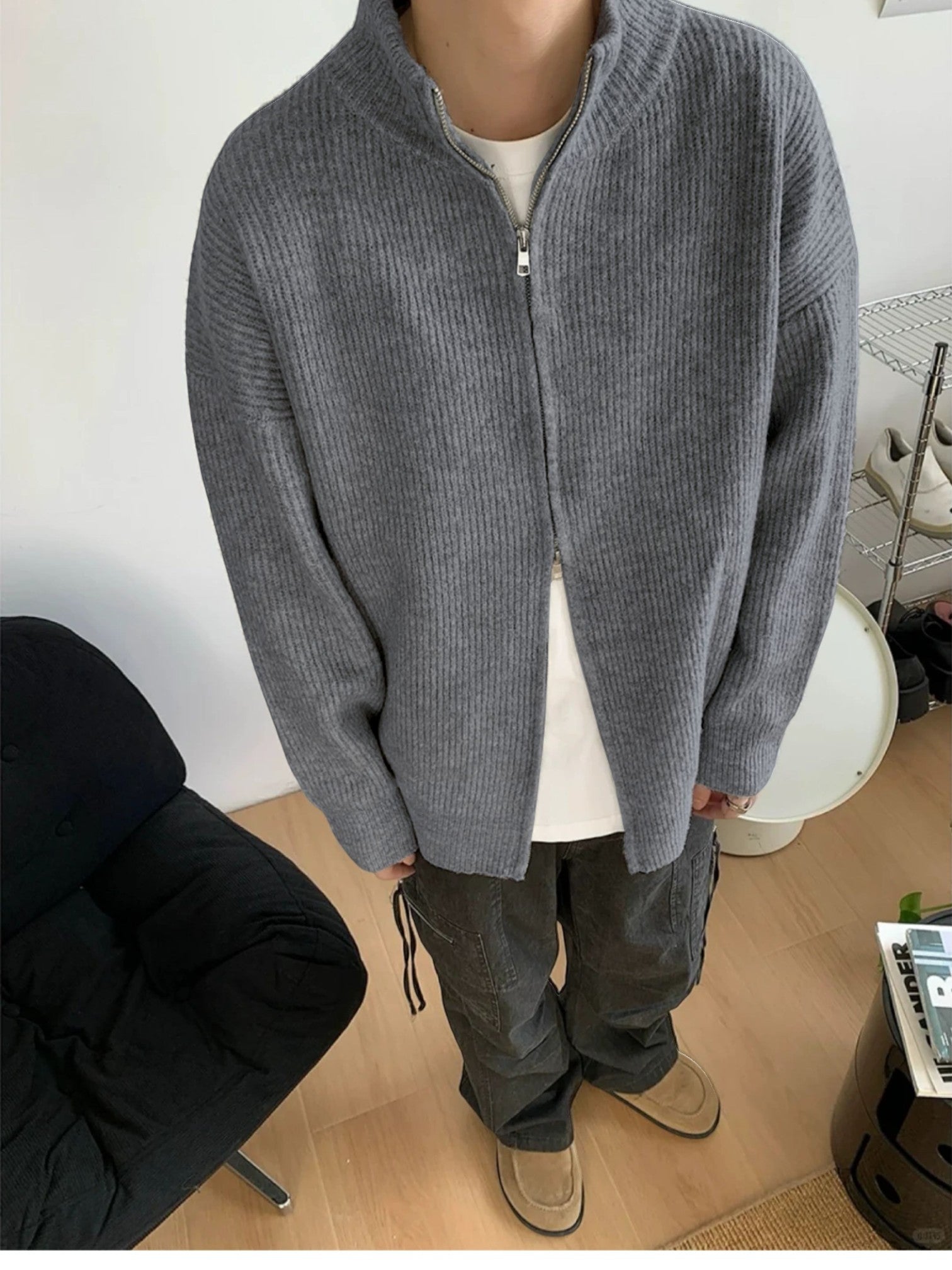 KOREAN RIBBED ZIP-UP HIGH COLLAR shirt FE0195