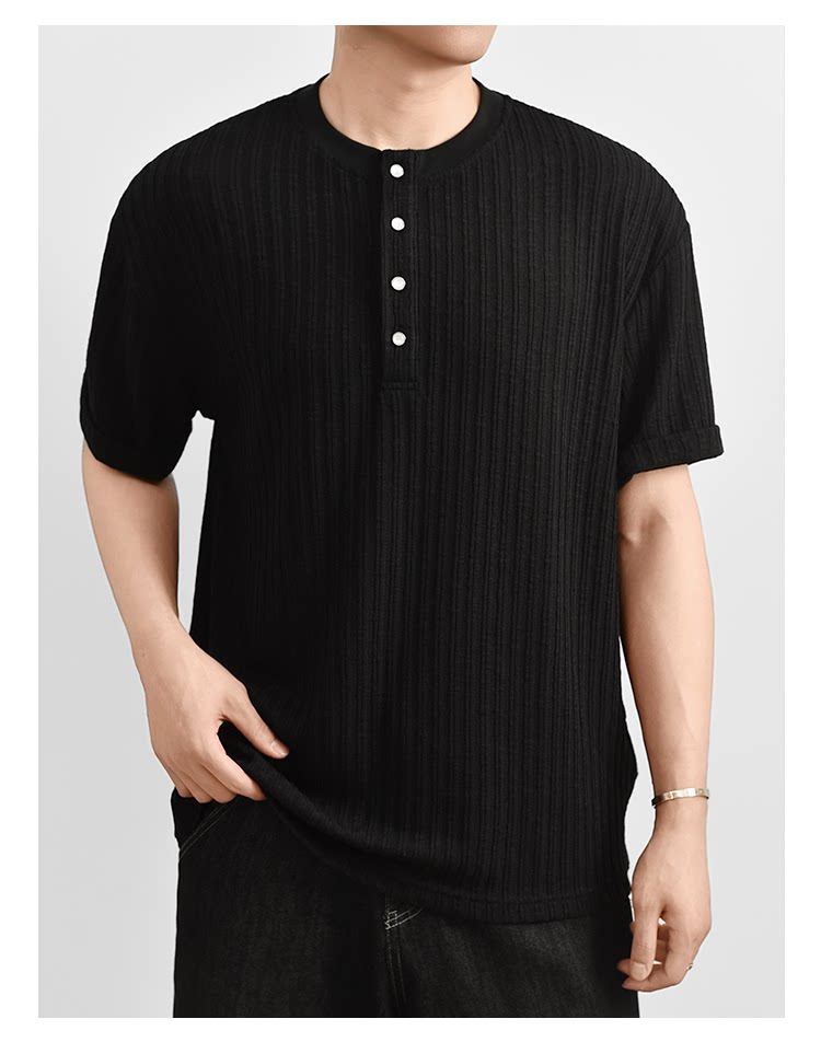 Texture Henry Neck Short Sleeve T-Shirt Button V-Neck Vintage Pit Strip Knitted FE0724