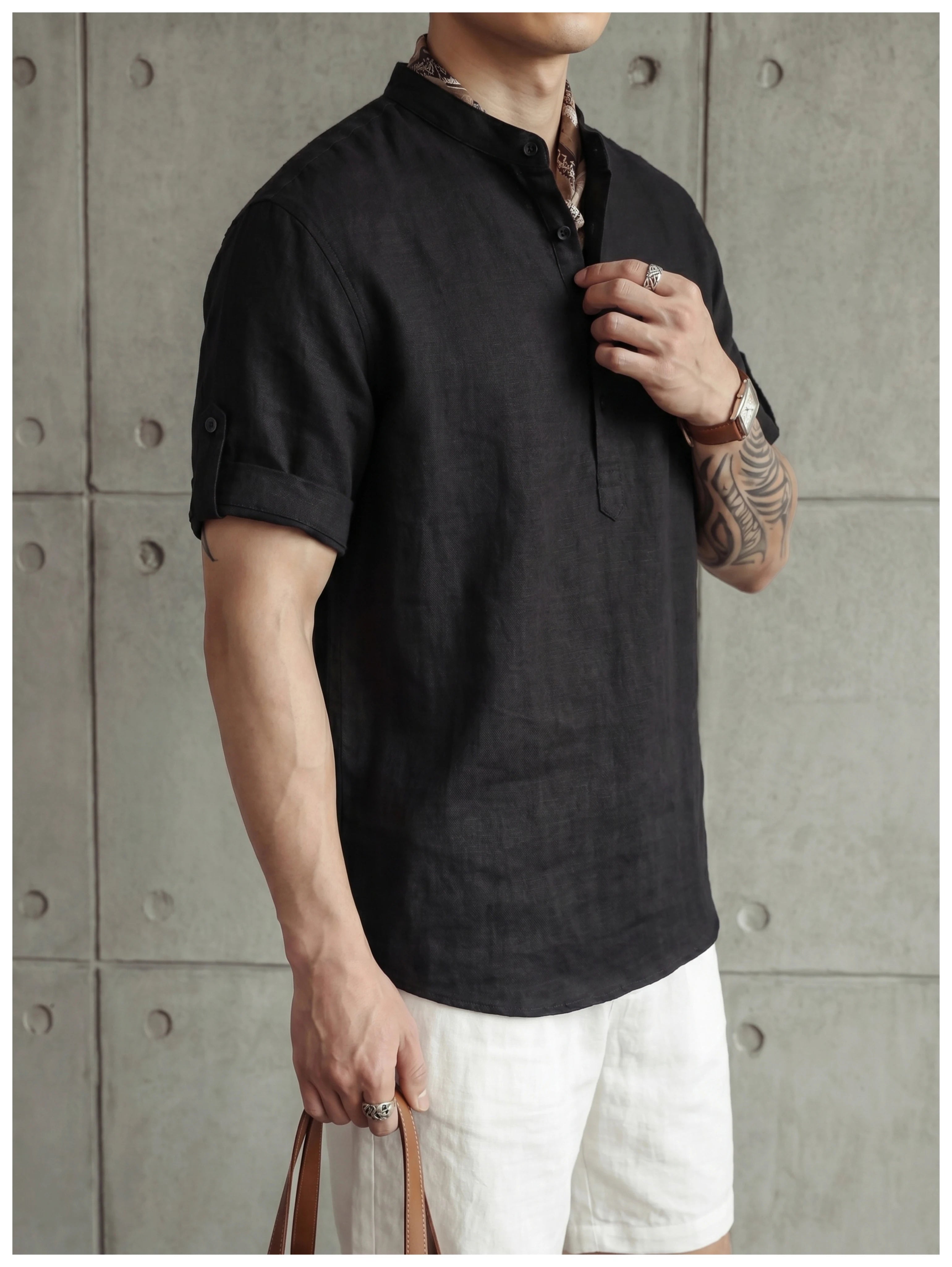 Old money wind adjustable five-quarter sleeve stand-up collar shirt FE0732