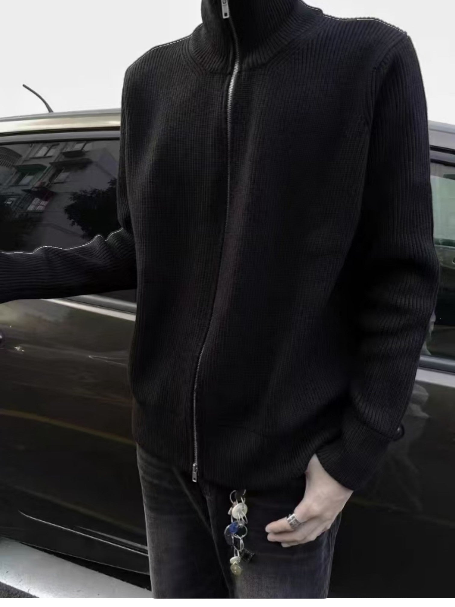 KOREAN RIBBED ZIP-UP HIGH COLLAR shirt FE0195