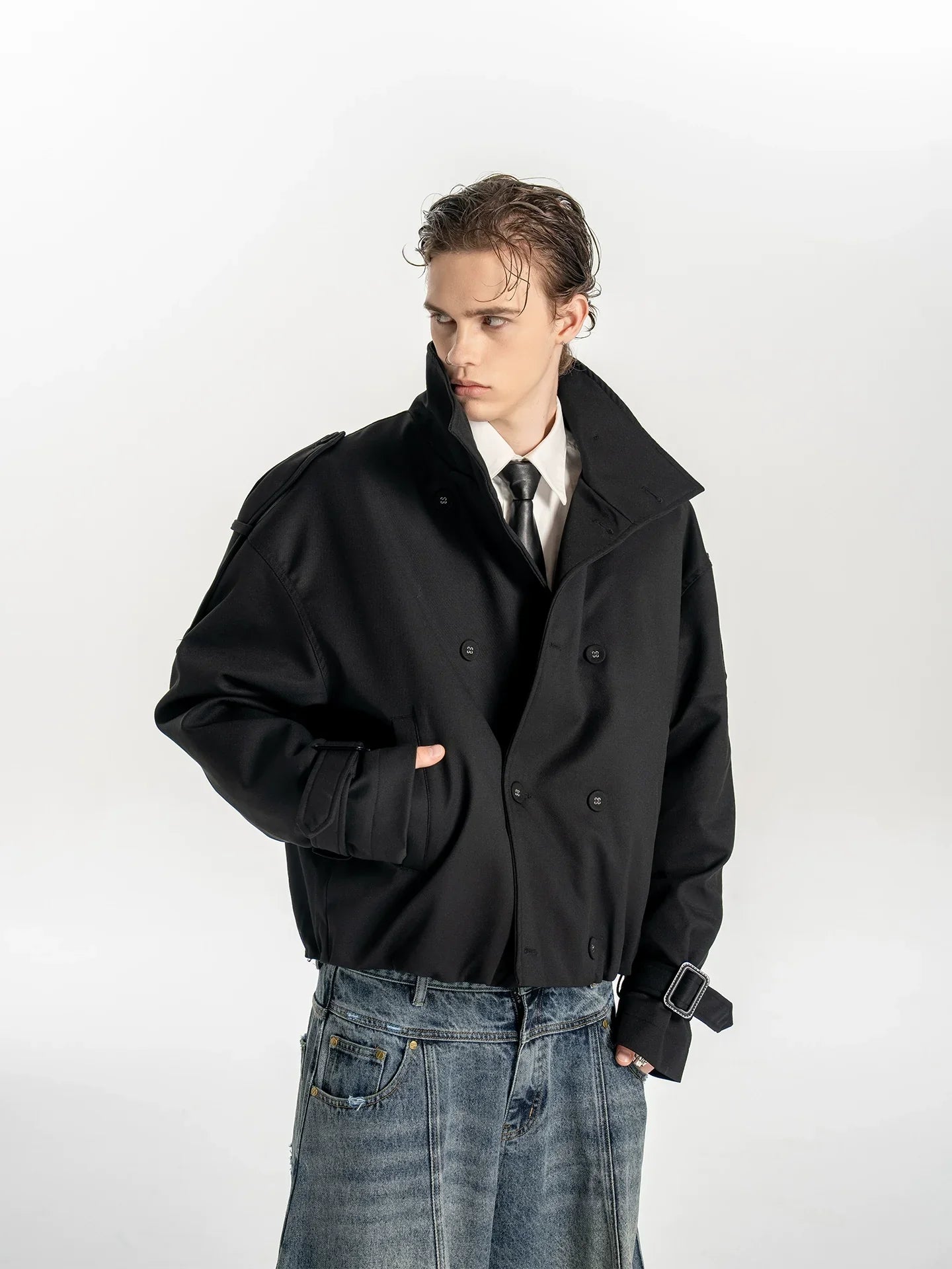 Pragmatism, American stand-up neck padded trench coat, wide shoulder, autumn and winter T0158 short jacket FE0202