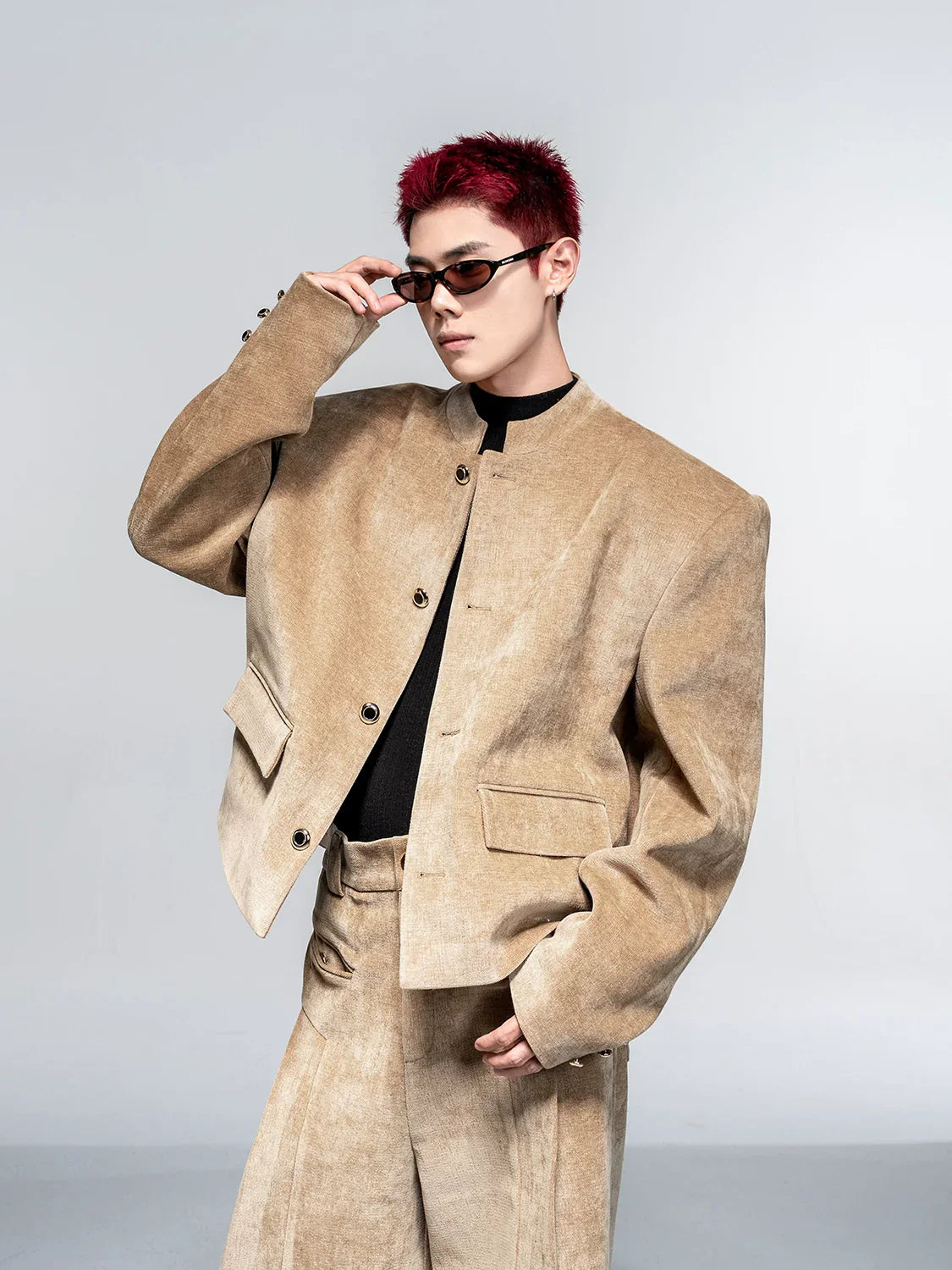High-end suit suit men's autumn and winter casual suit jacket shoulder padded jacket velvet wide-leg pants two-piece set FE0601