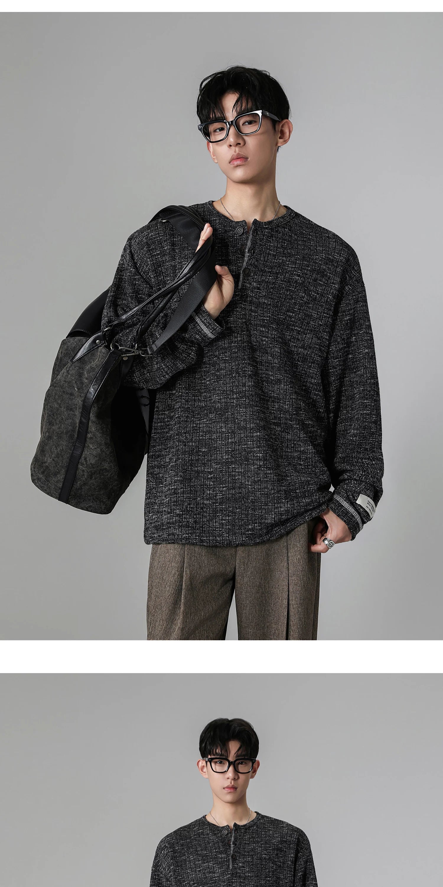 Grey Henry Neck Long Sleeve T-Shirt FE0713