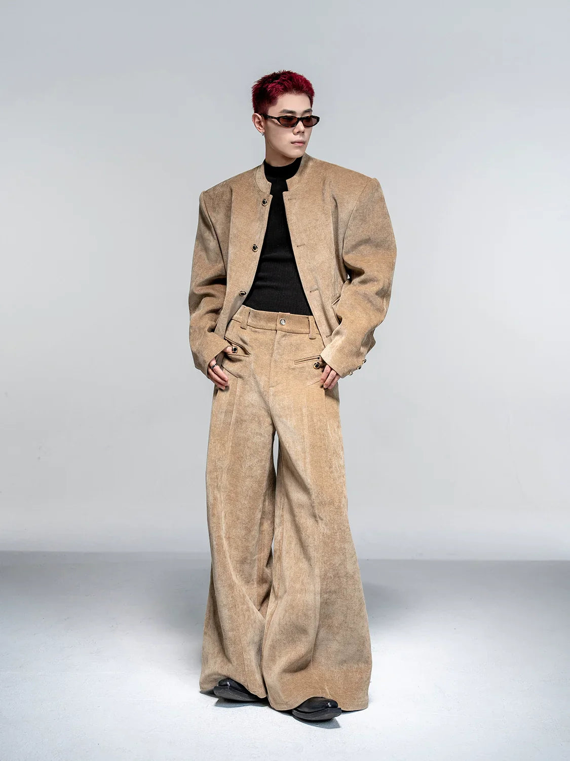High-end suit suit men's autumn and winter casual suit jacket shoulder padded jacket velvet wide-leg pants two-piece set FE0601
