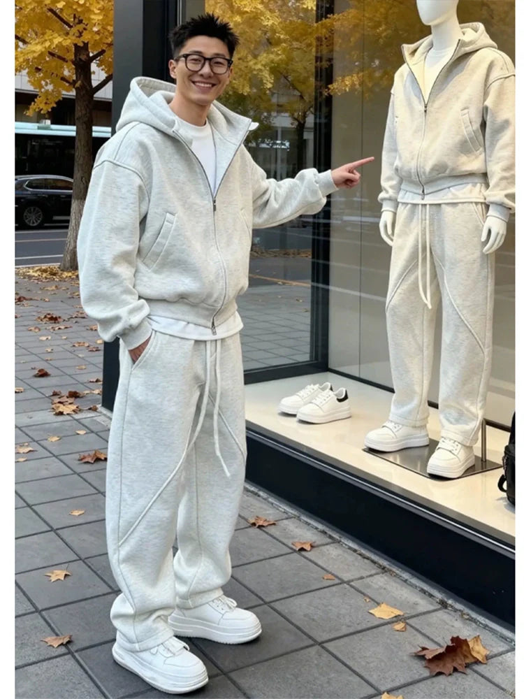 White grey hooded cardigan sweater set FE0241