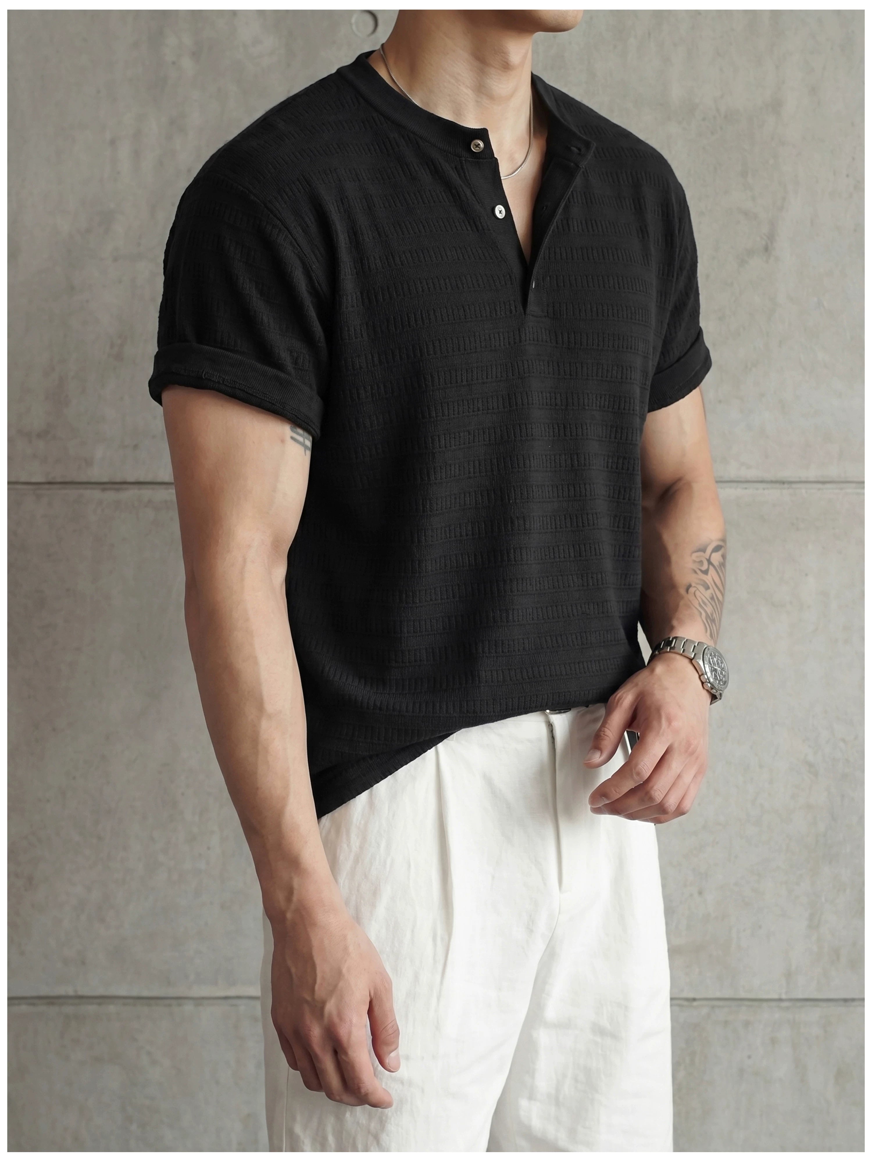 Jacquard horizontal pattern hollow texture knitted short-sleeved T-shirt FE0737