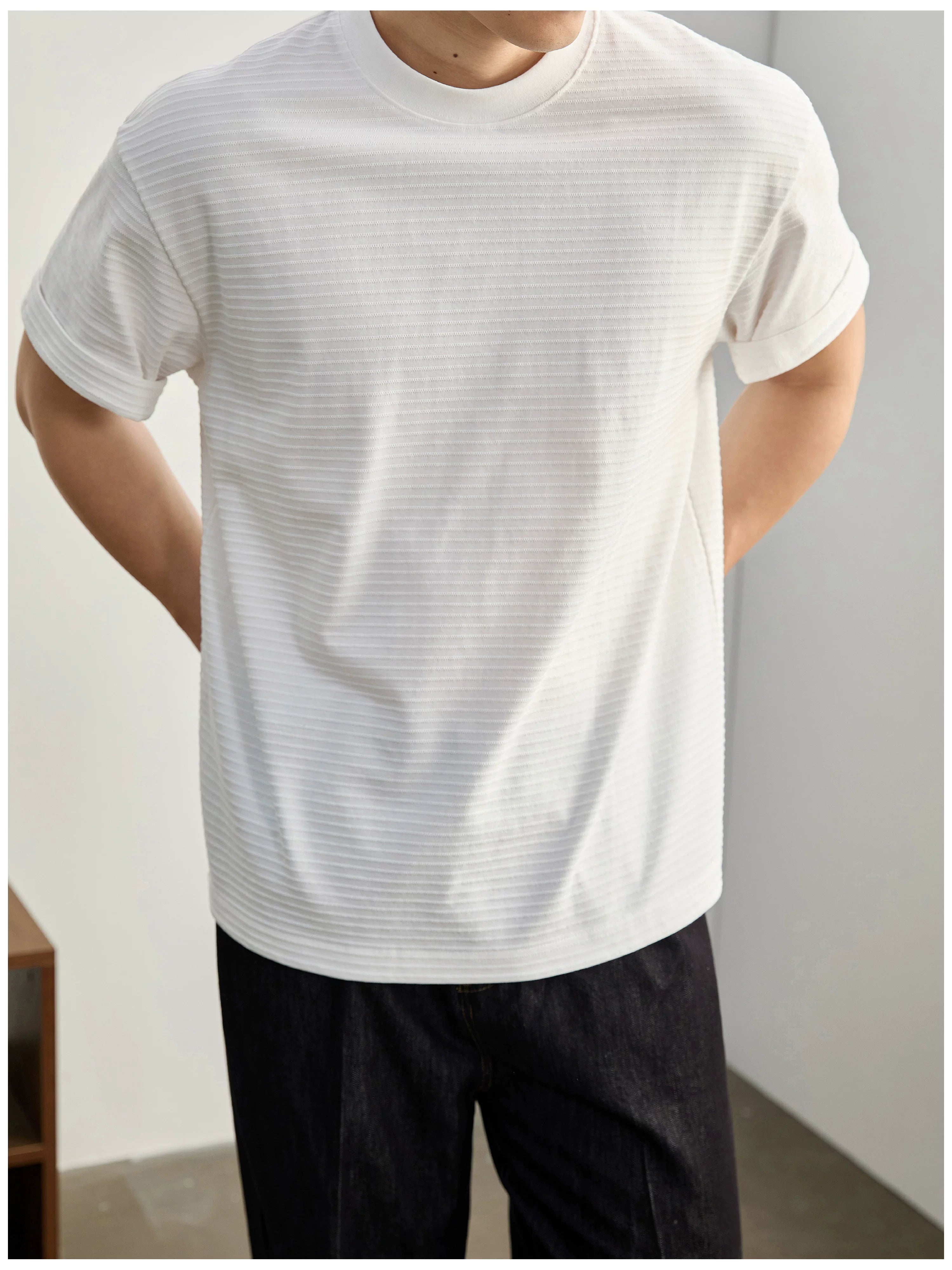 Three-dimensional horizontal jacquard texture solid color T-shirt FE0730