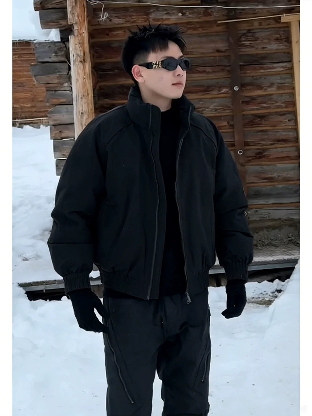 Black short stand-up neck silhouette down jacket FE0683