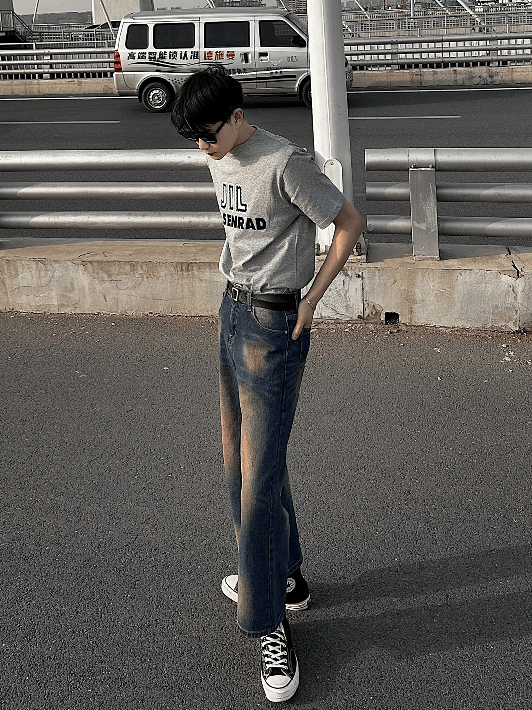 Washed contrast color wide leg jeans FE0437