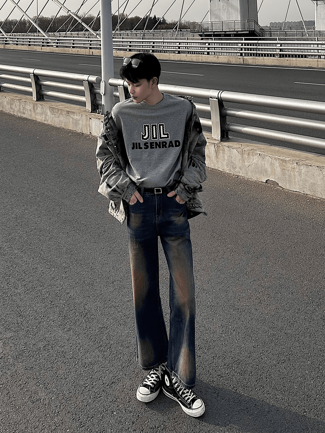 Washed contrast color wide leg jeans FE0437