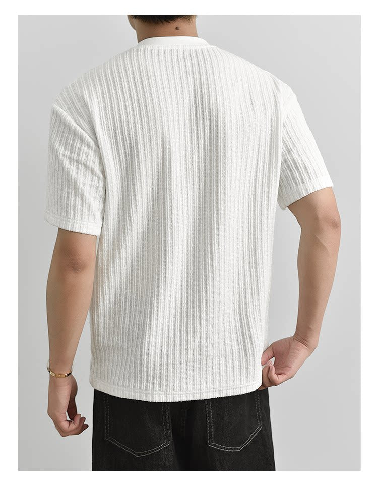Texture Henry Neck Short Sleeve T-Shirt Button V-Neck Vintage Pit Strip Knitted FE0724