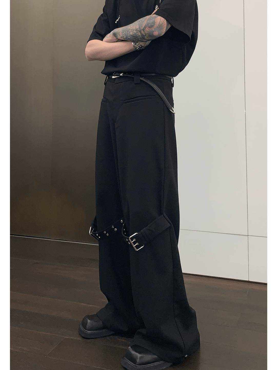 strap design straight suit pants FE0413