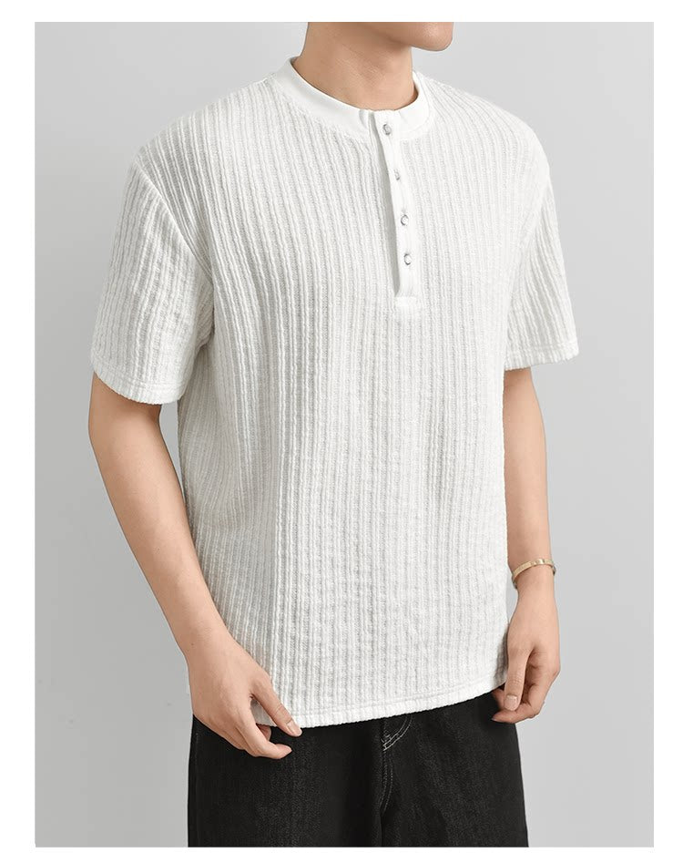 Texture Henry Neck Short Sleeve T-Shirt Button V-Neck Vintage Pit Strip Knitted FE0724