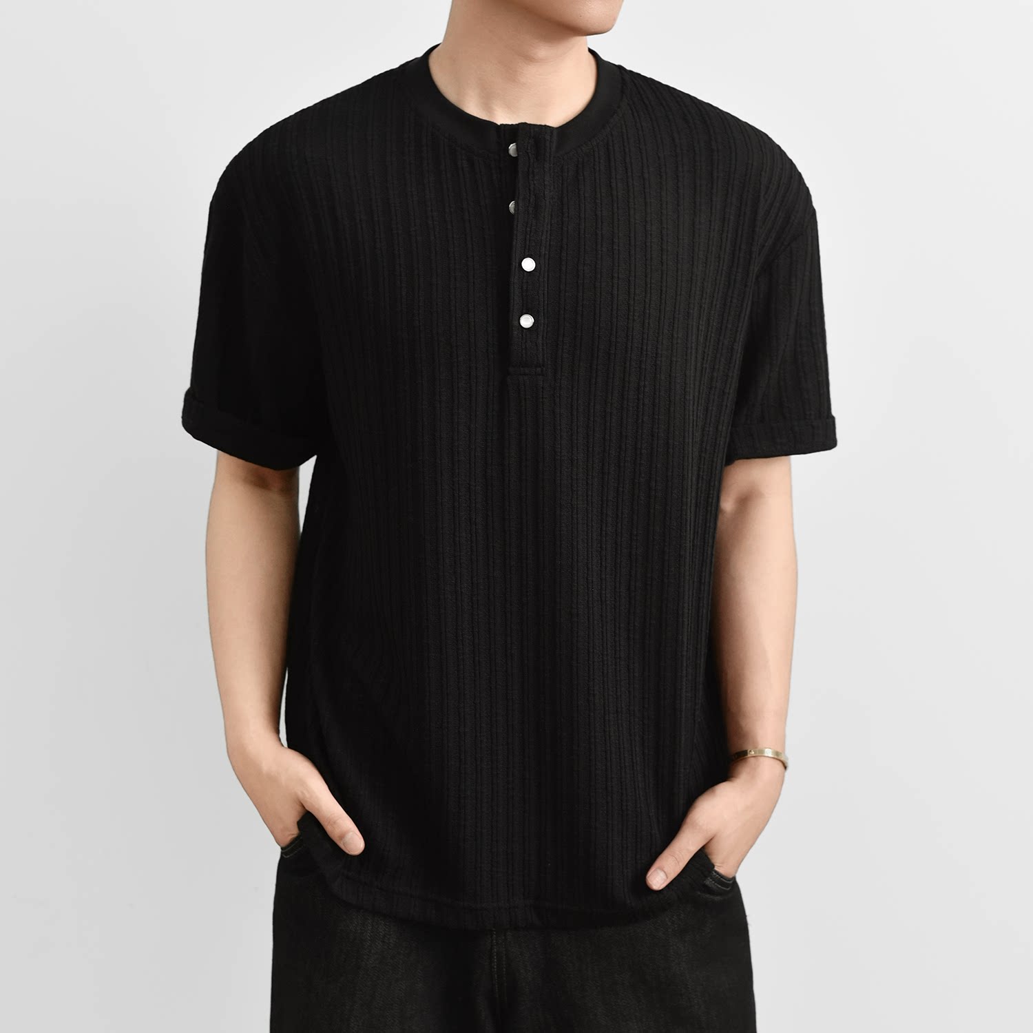 Texture Henry Neck Short Sleeve T-Shirt Button V-Neck Vintage Pit Strip Knitted FE0724