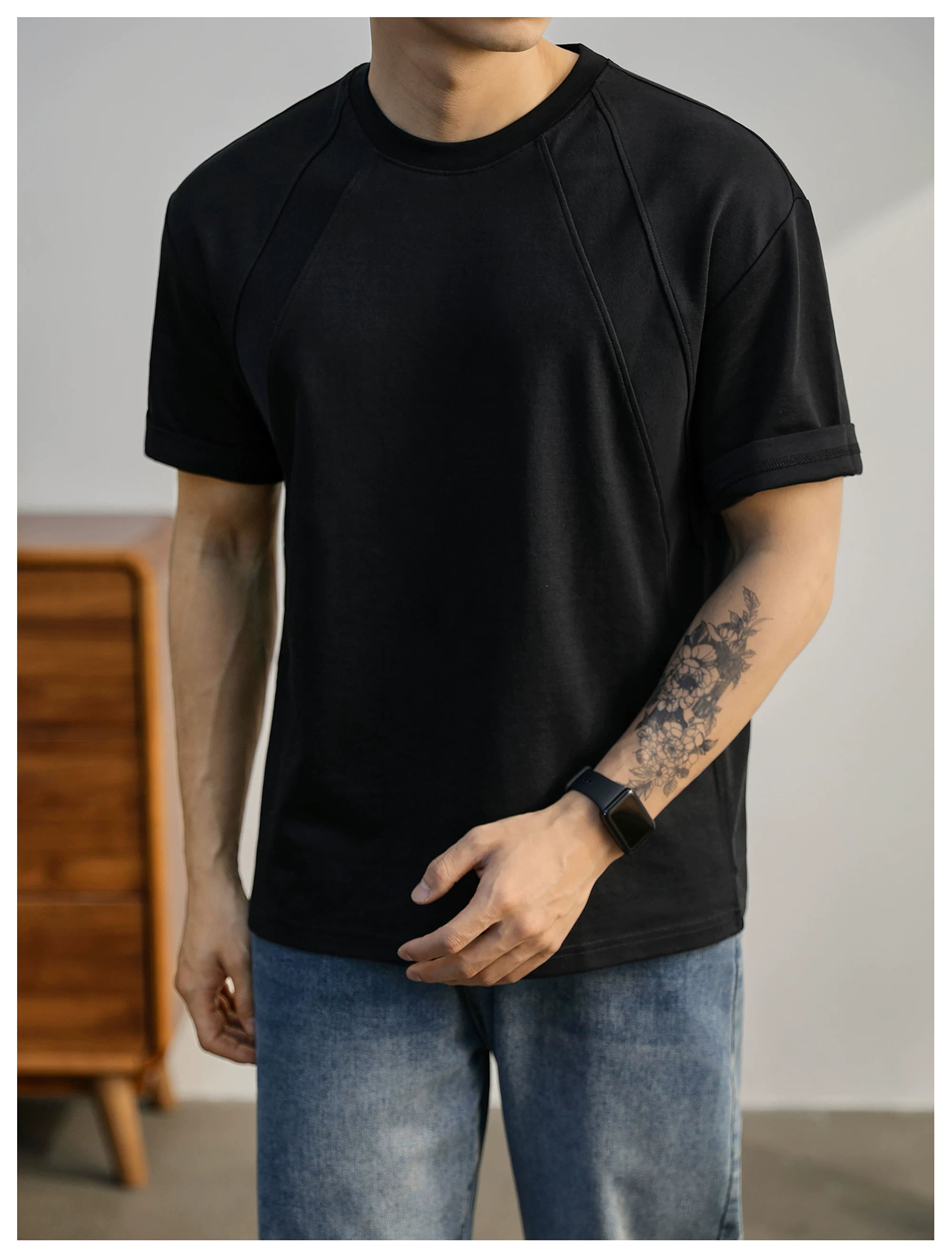 Summer American Splicing Micro Wide Half Sleeve Deconstruction Crisp T-Shirt FE0734