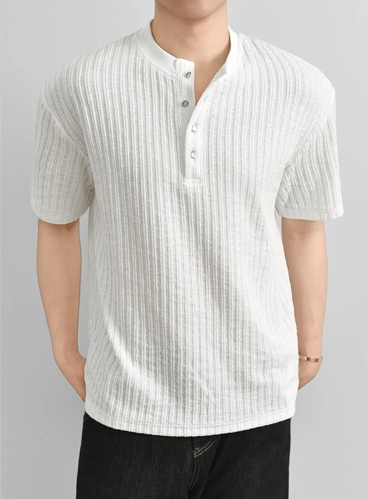 Texture Henry Neck Short Sleeve T-Shirt Button V-Neck Vintage Pit Strip Knitted FE0724
