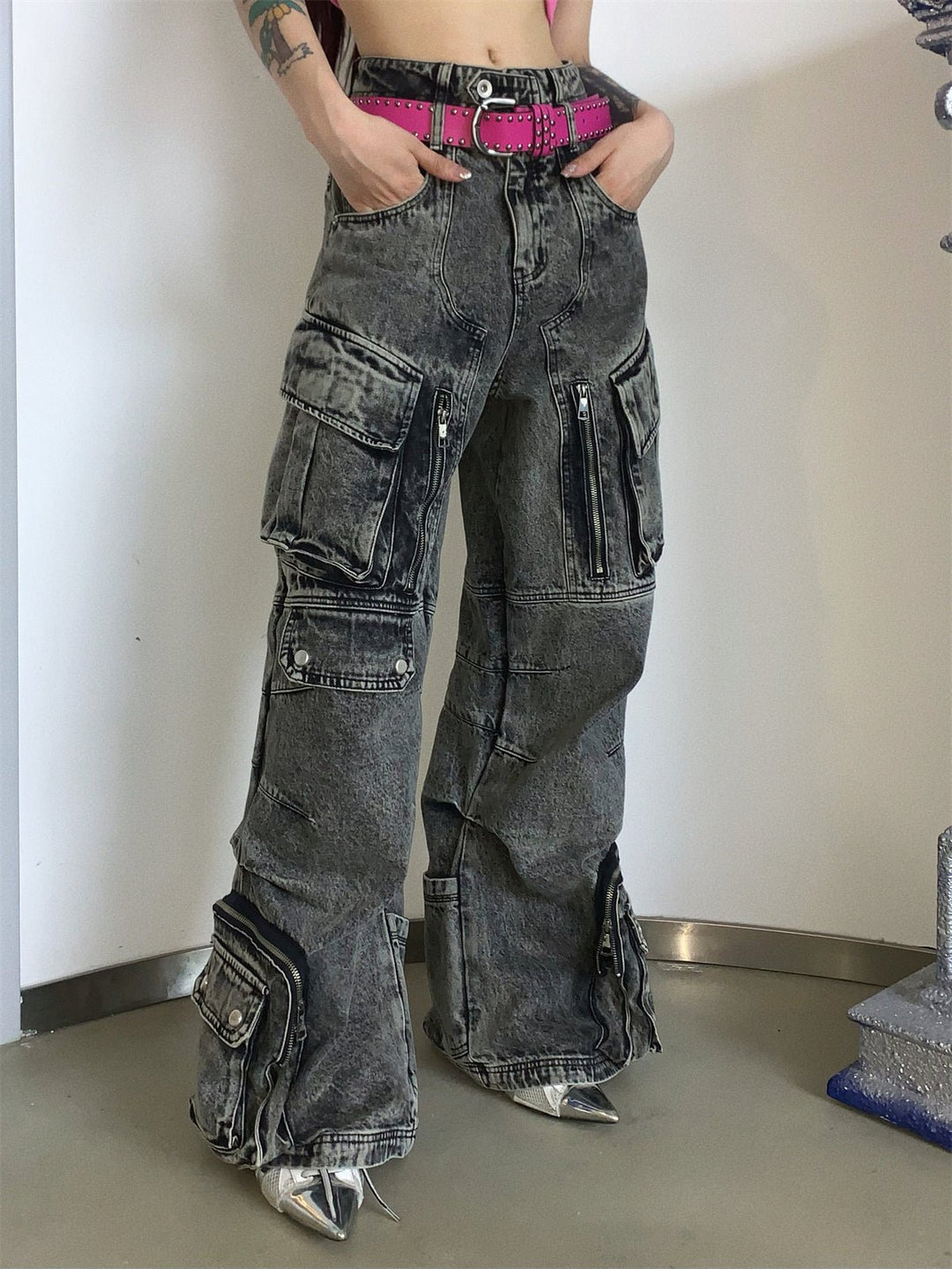 Multi-pocket wide leg casual jeans FE0420
