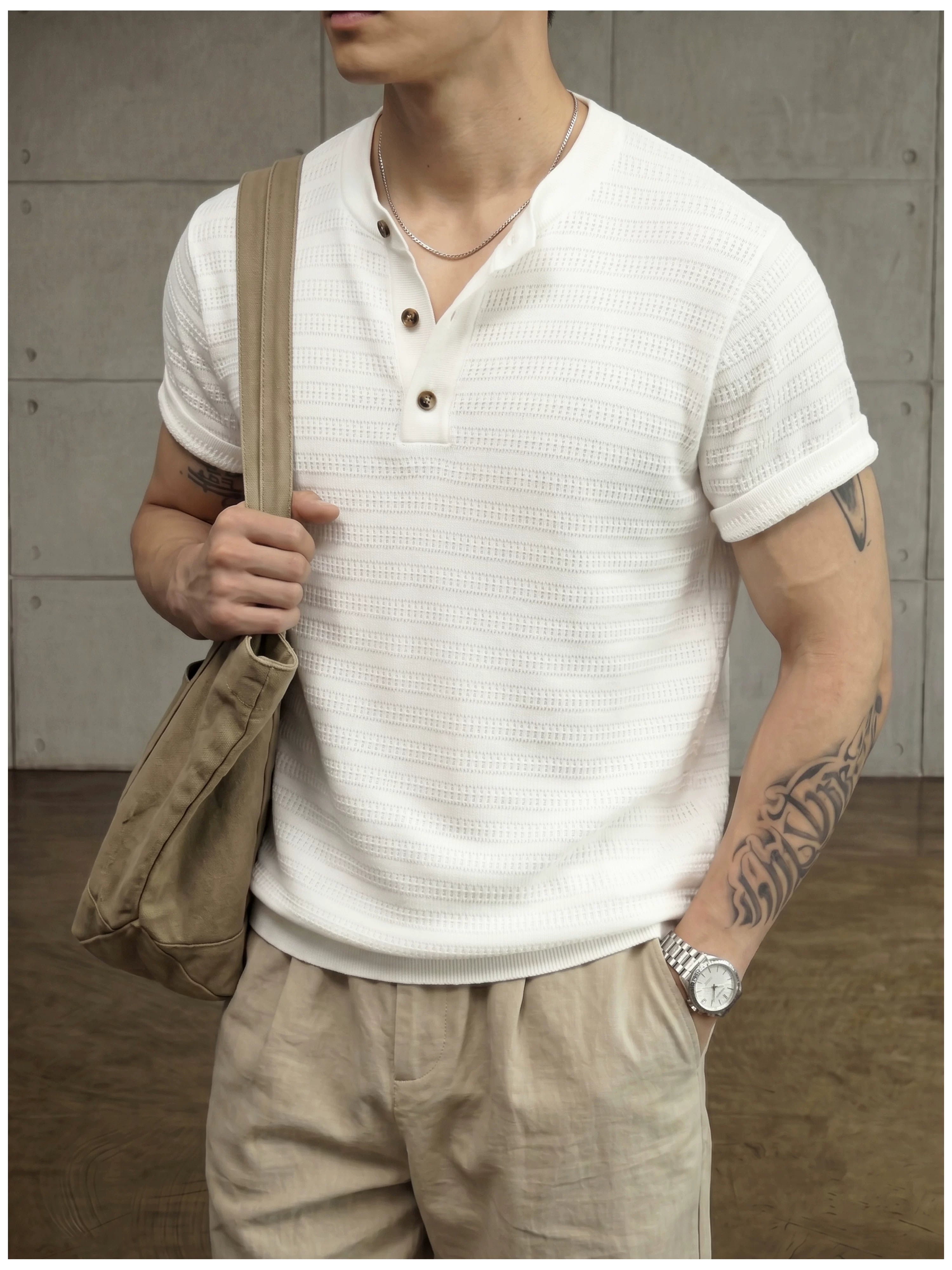 Jacquard horizontal pattern hollow texture knitted short-sleeved T-shirt FE0737