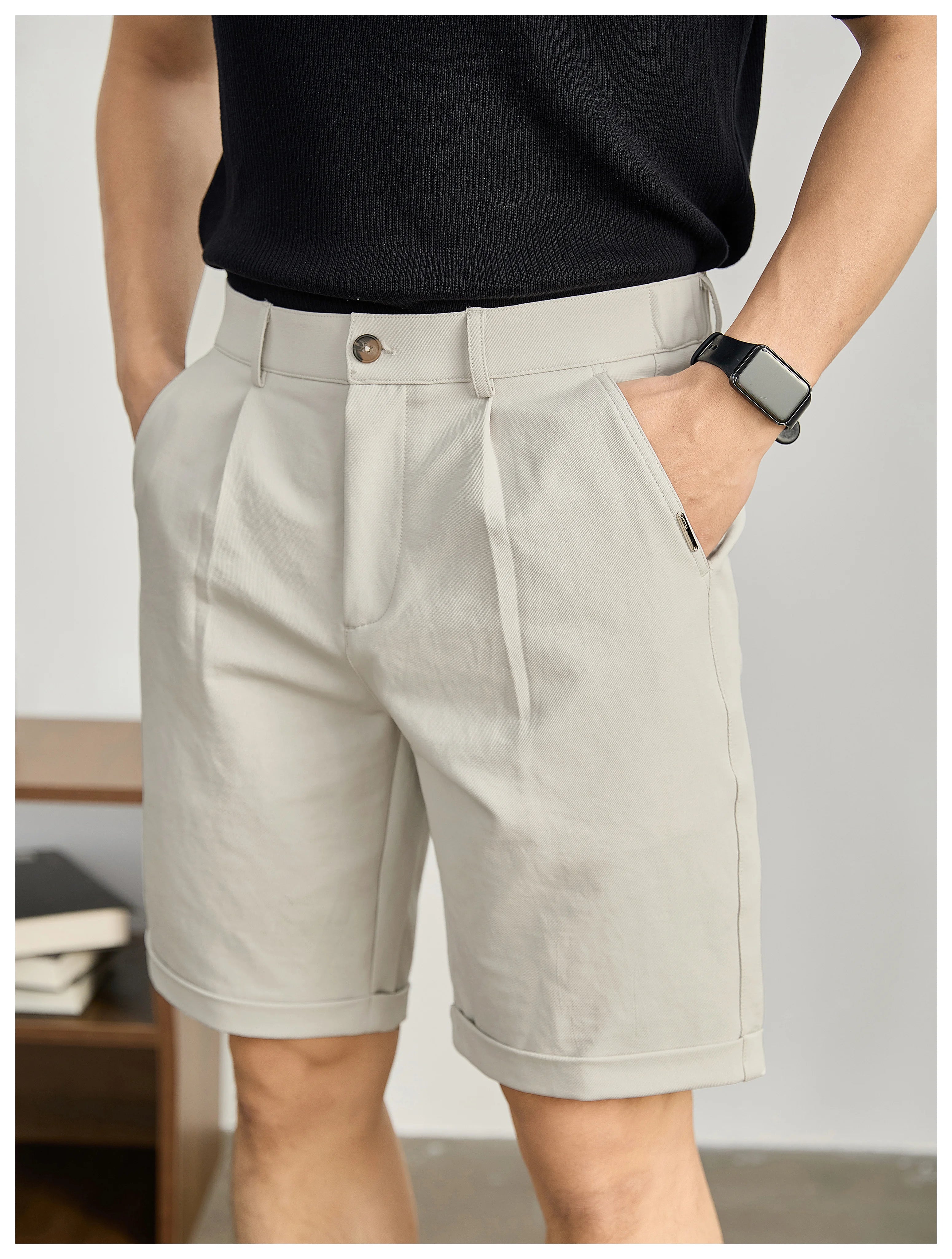 High-end light and mature wind semi-elastic waist pants twill texture pants, curled straight shorts FE0733