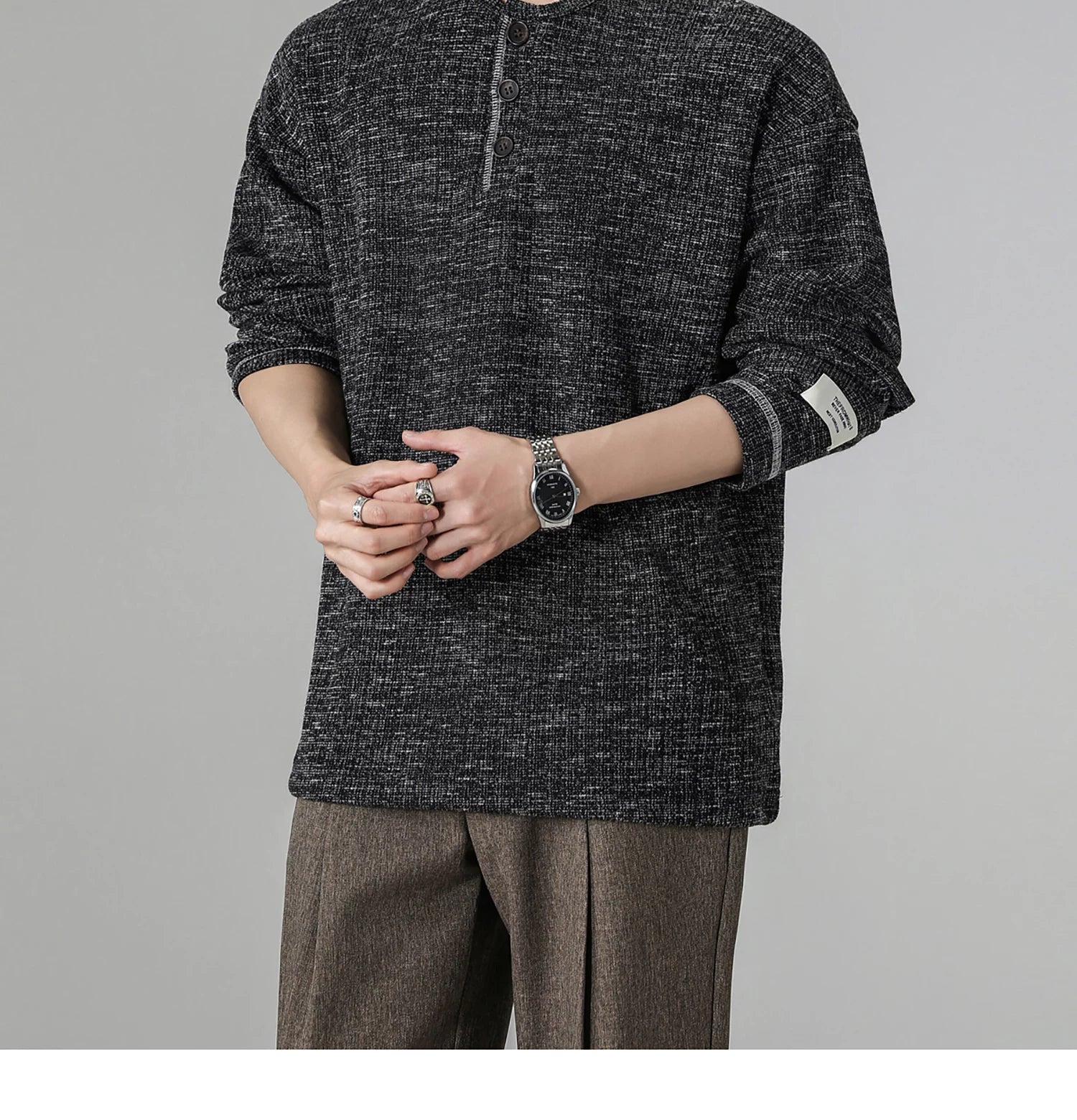 Grey Henry Neck Long Sleeve T-Shirt FE0713