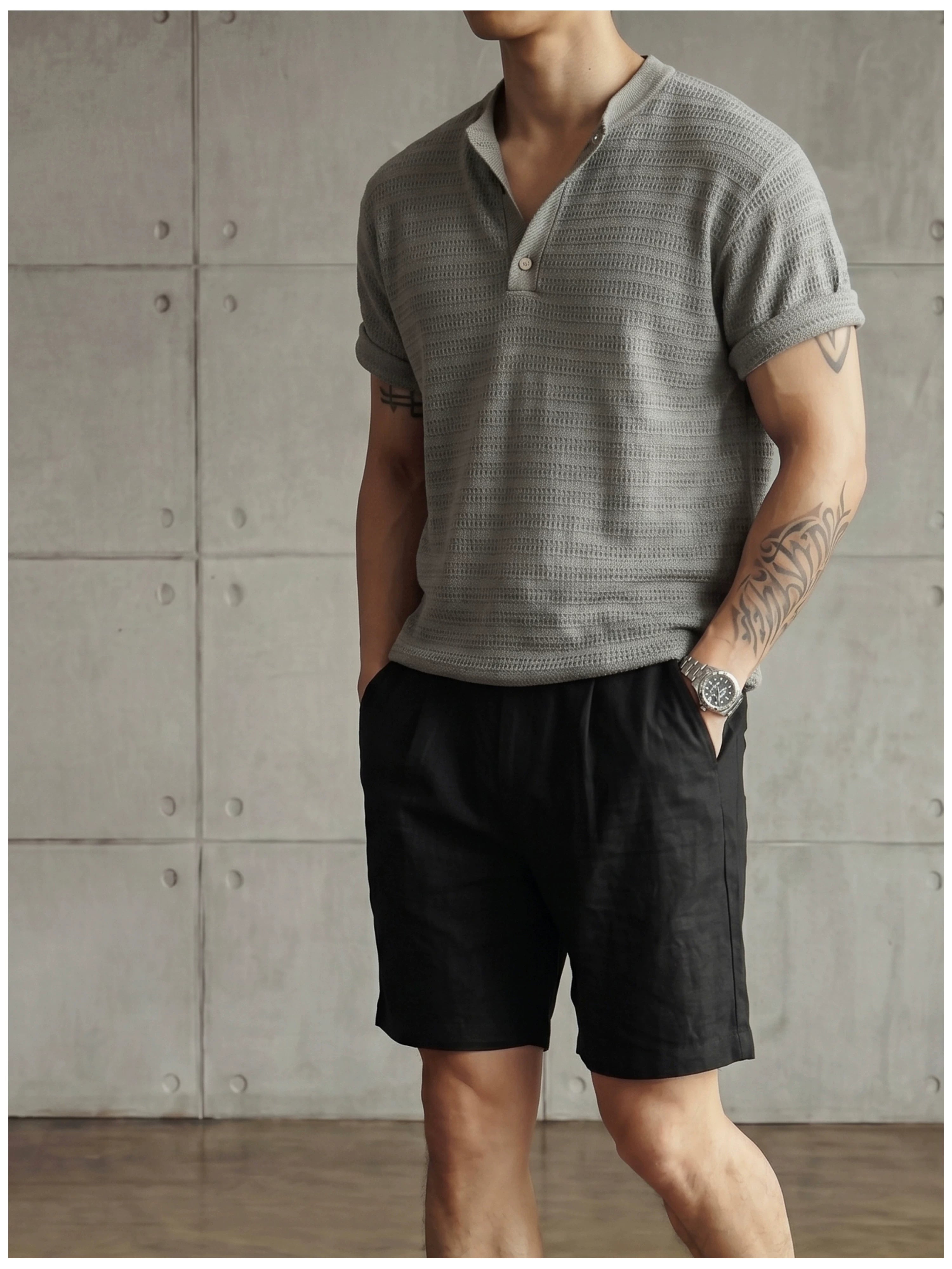 Jacquard horizontal pattern hollow texture knitted short-sleeved T-shirt FE0737