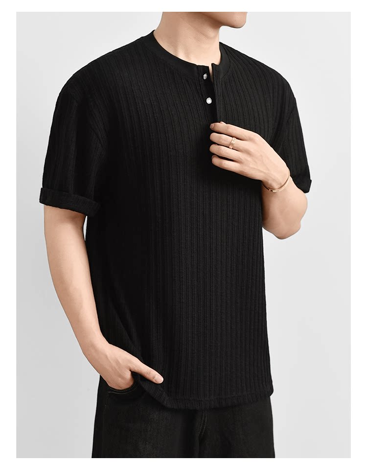 Texture Henry Neck Short Sleeve T-Shirt Button V-Neck Vintage Pit Strip Knitted FE0724