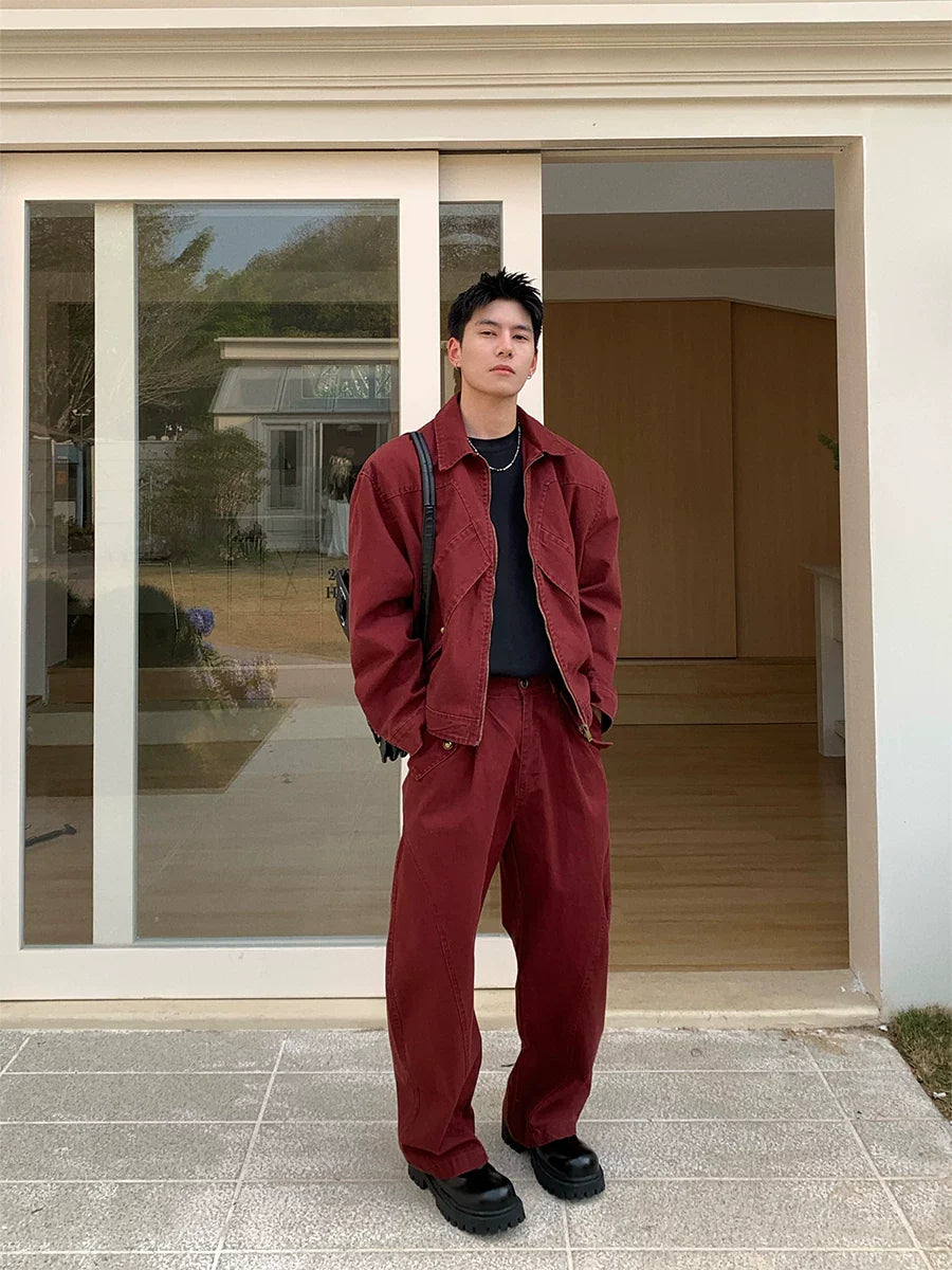 American High Street Red Lapel Jacket Jeans Set FE0697