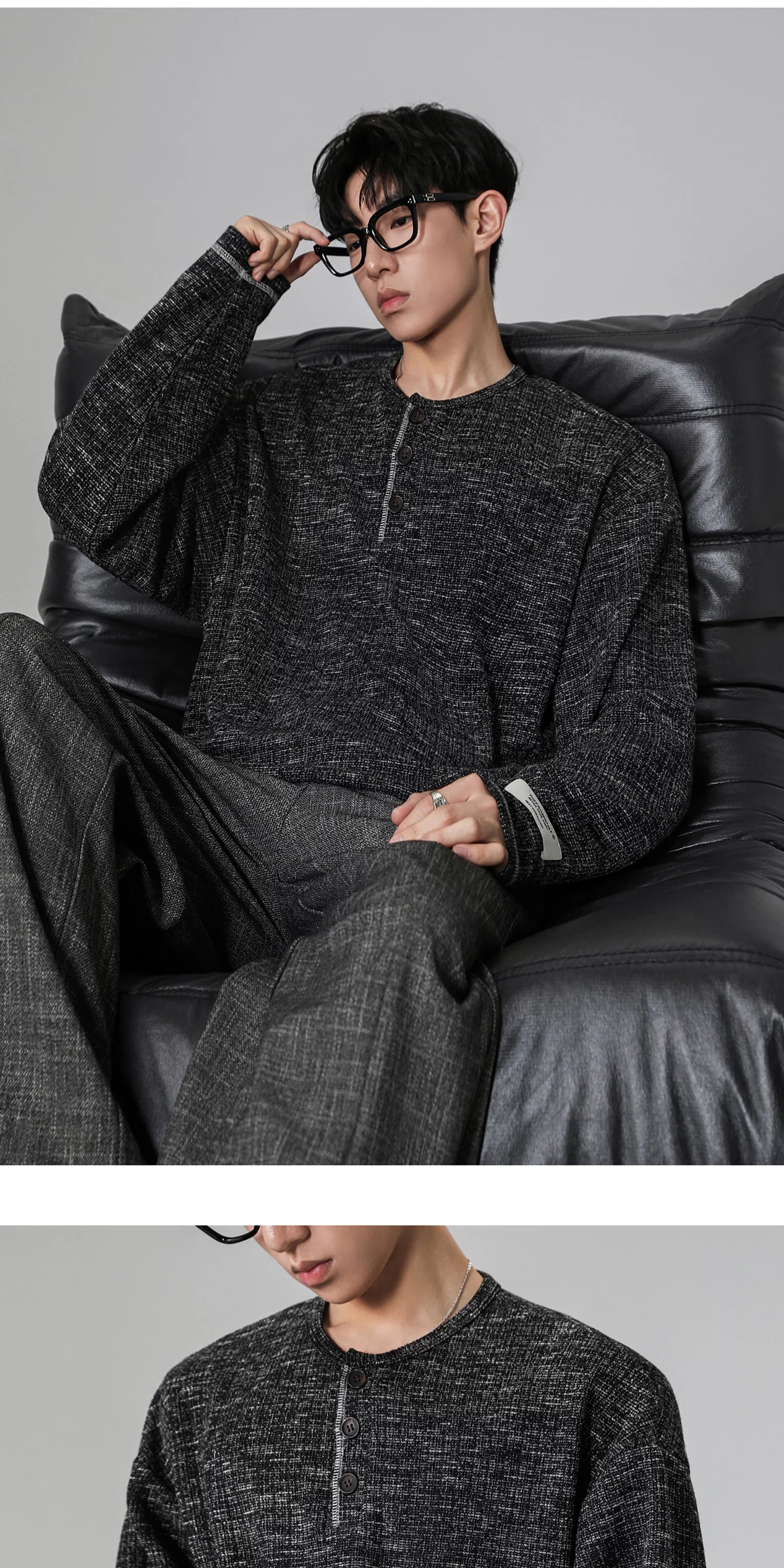 Grey Henry Neck Long Sleeve T-Shirt FE0713