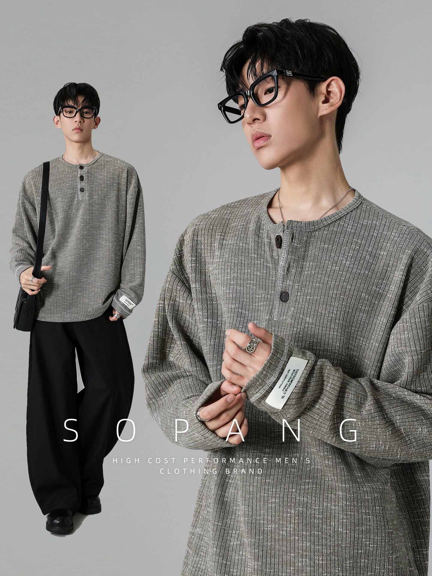 Grey Henry Neck Long Sleeve T-Shirt FE0713