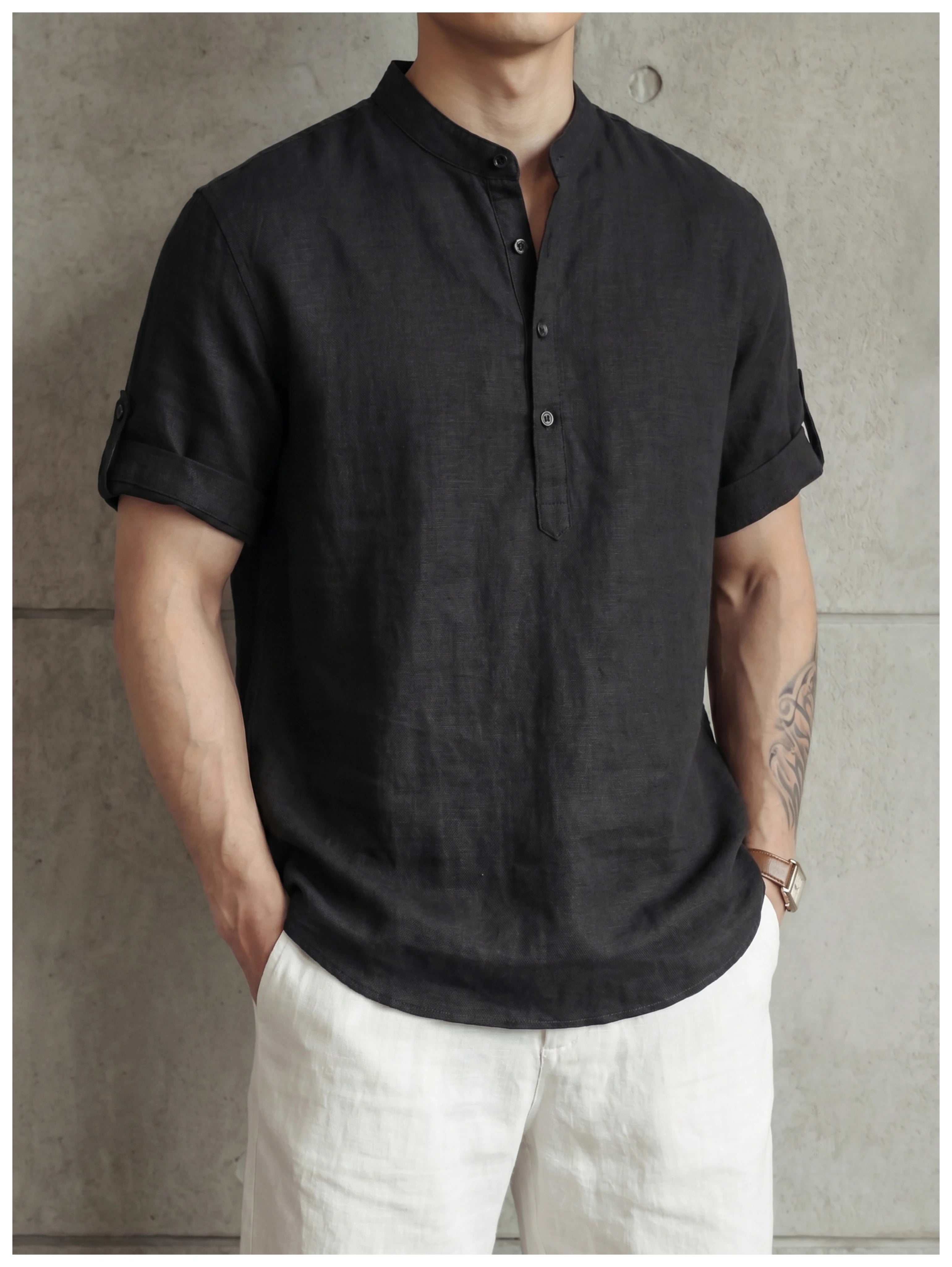 Old money wind adjustable five-quarter sleeve stand-up collar shirt FE0732