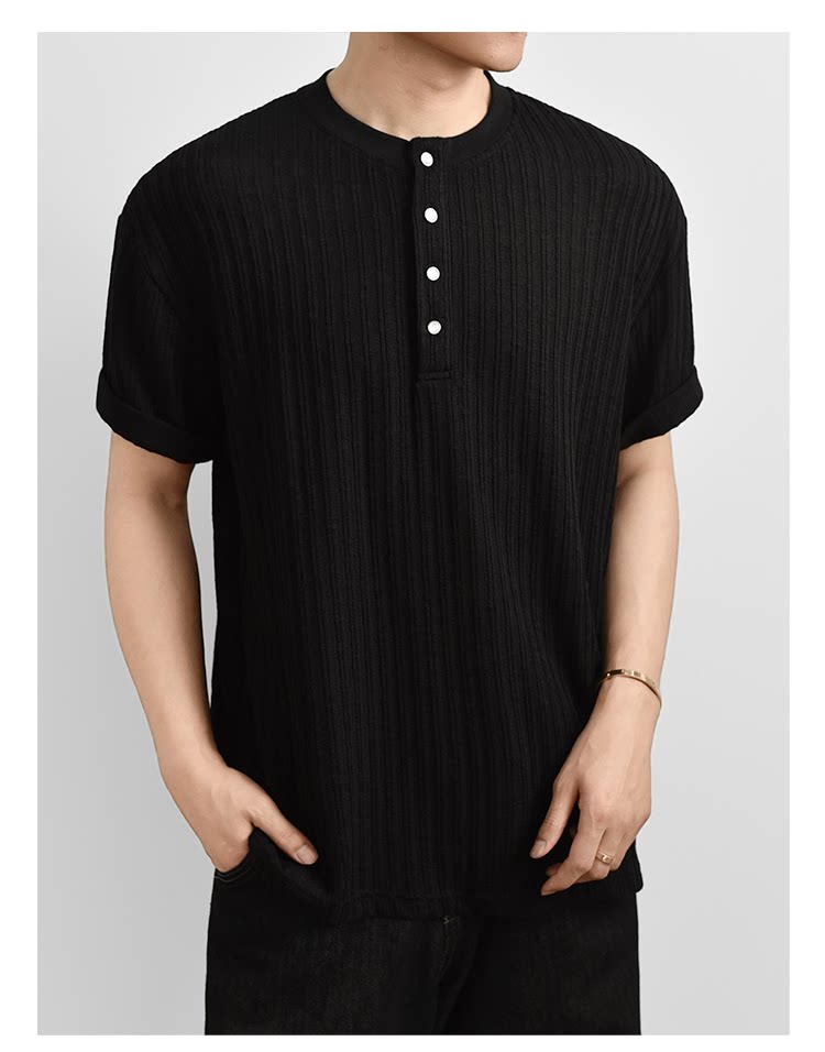 Texture Henry Neck Short Sleeve T-Shirt Button V-Neck Vintage Pit Strip Knitted FE0724