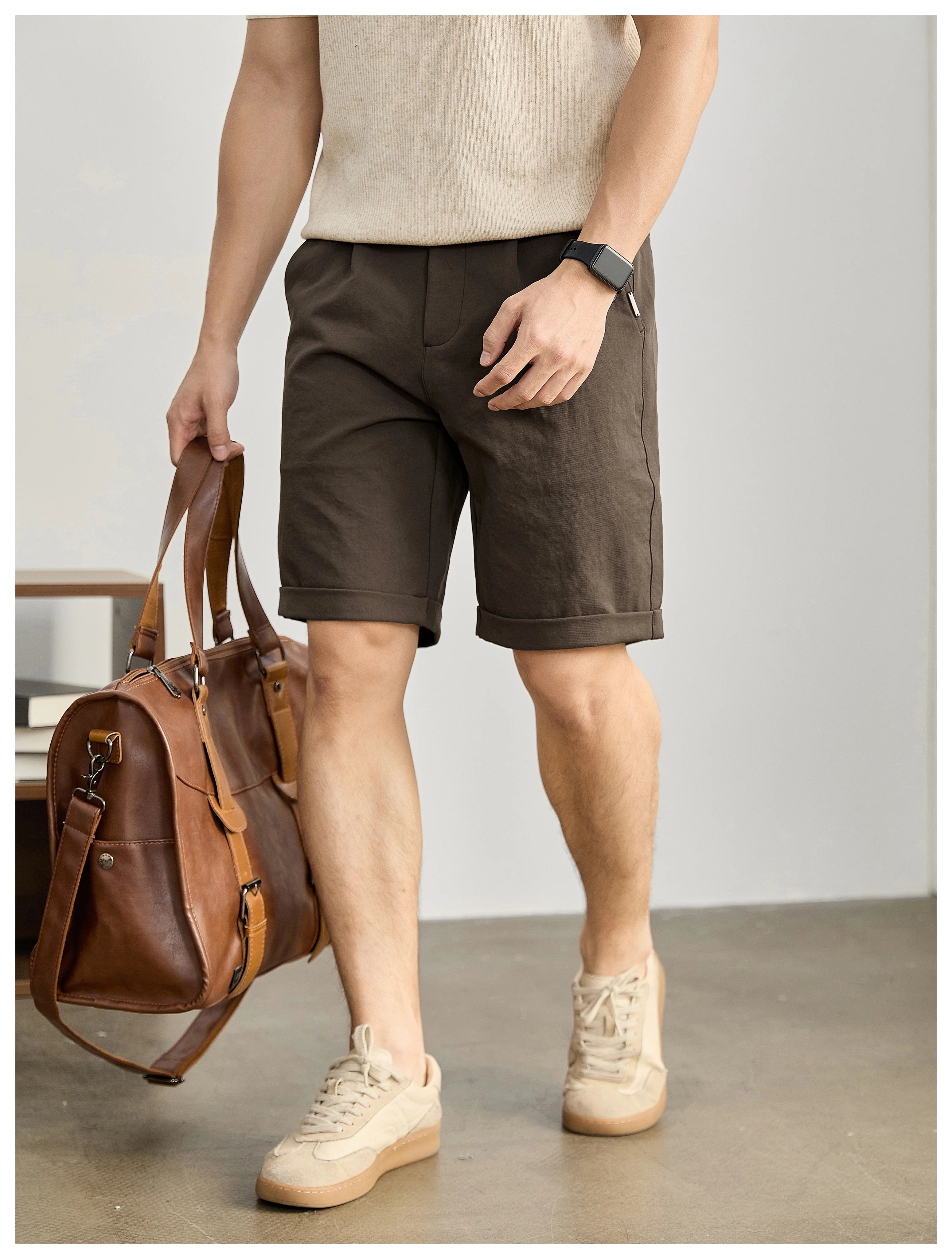 High-end light and mature wind semi-elastic waist pants twill texture pants, curled straight shorts FE0733