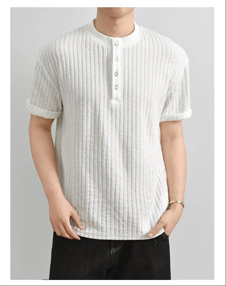 Texture Henry Neck Short Sleeve T-Shirt Button V-Neck Vintage Pit Strip Knitted FE0724